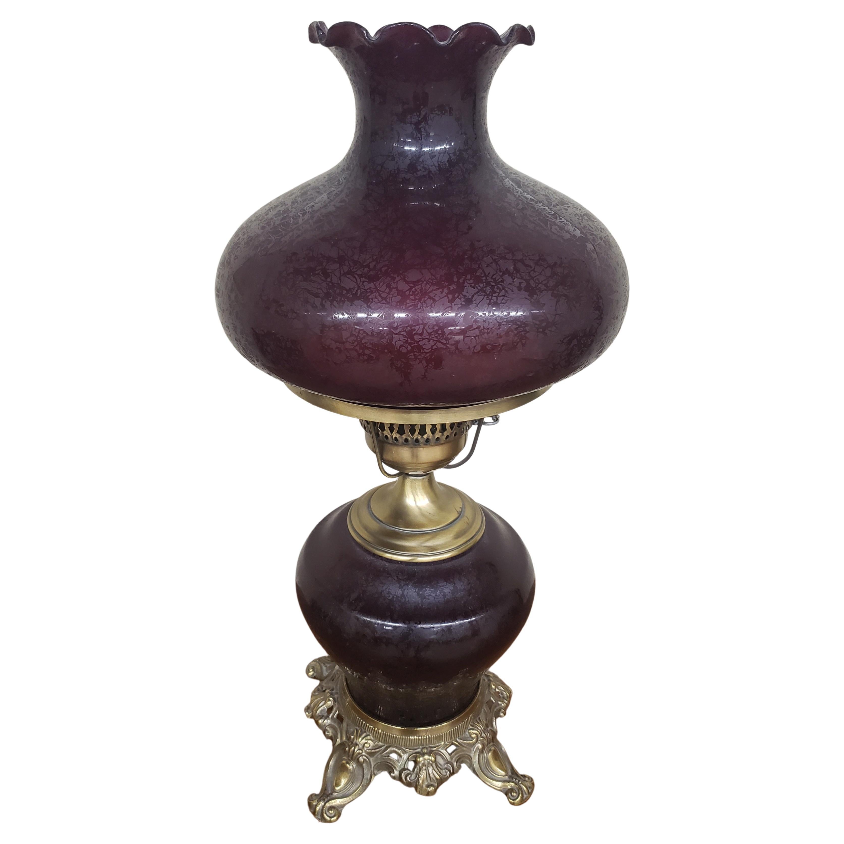 Solid Brass and Cranberry Glass Parlor Lamp For Sale