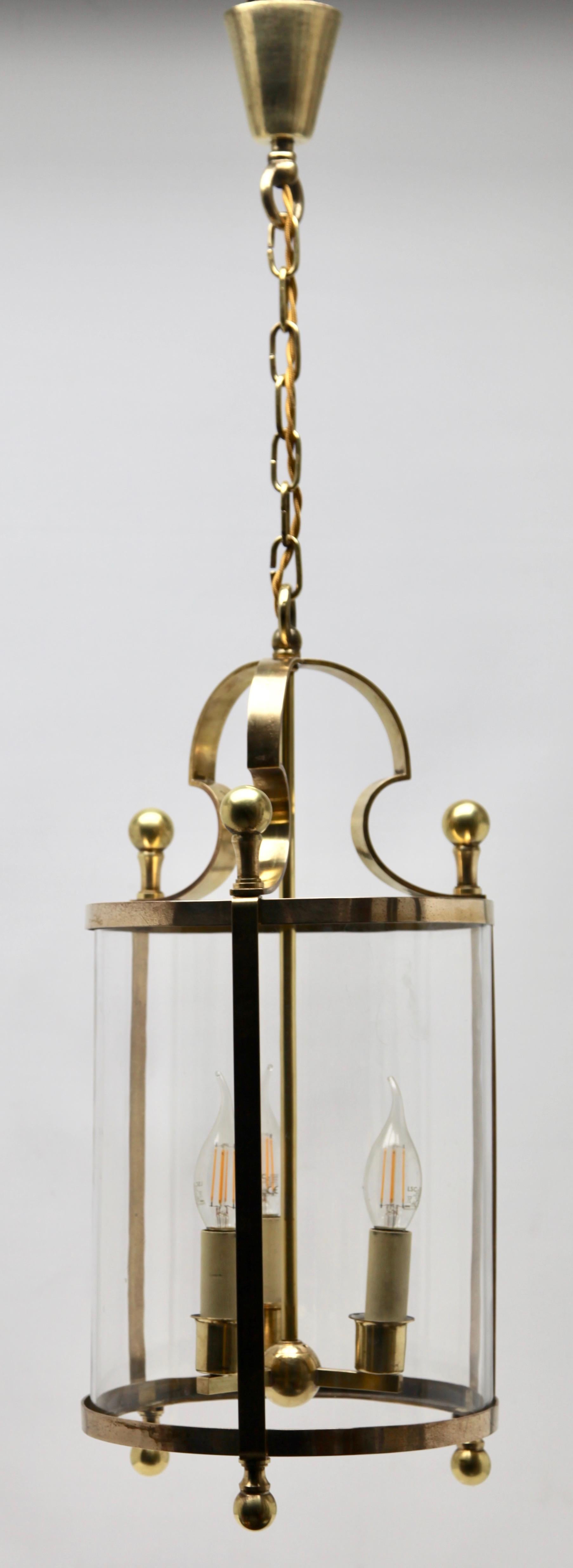 Italian Solid Brass and Glass Lantern or Pendant Lamp For Sale