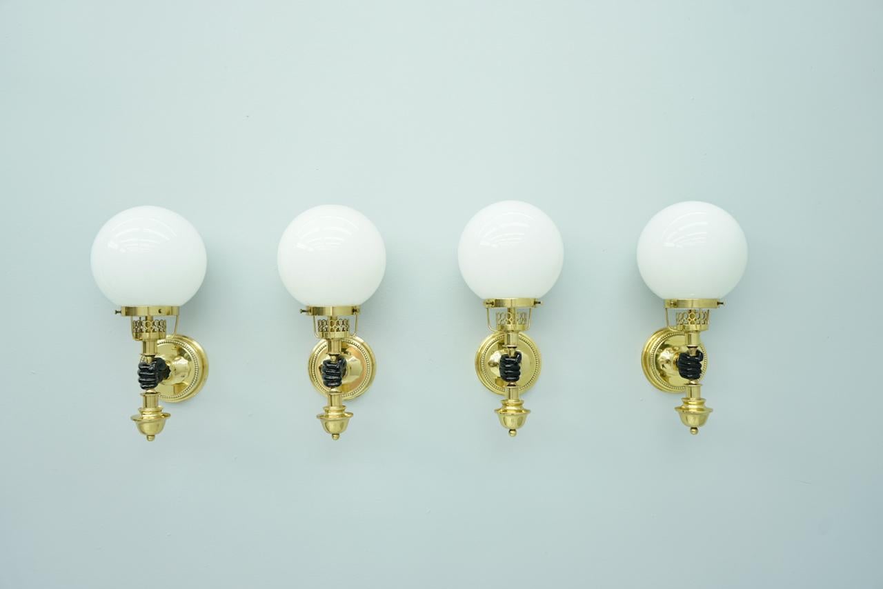 Mid-Century Modern Andre Arbus Style Heavy Solid Brass and Glass Wall Lights 1970s  For Sale