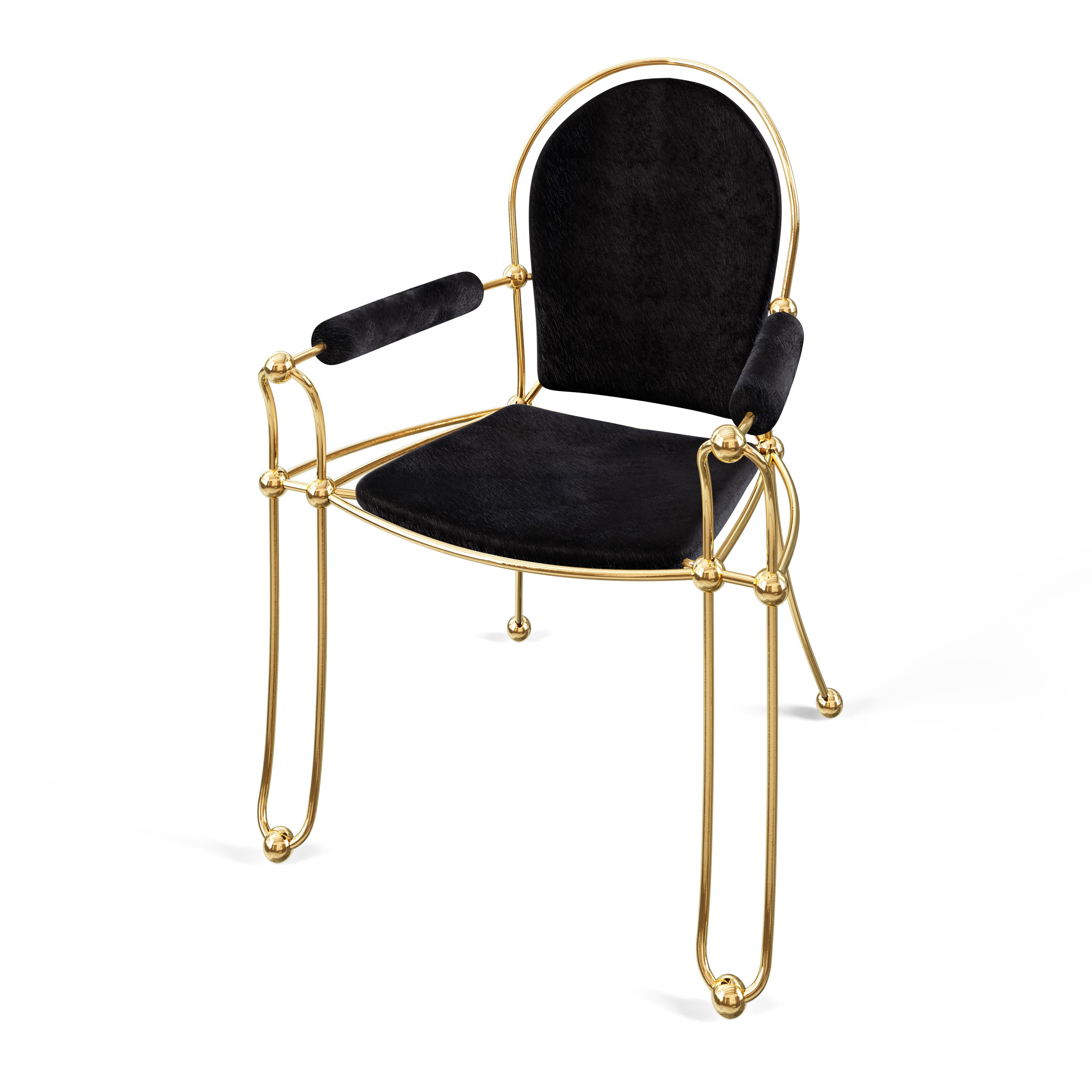 American Solid Brass Dining Chair With Horse Hide Upholstery For Sale