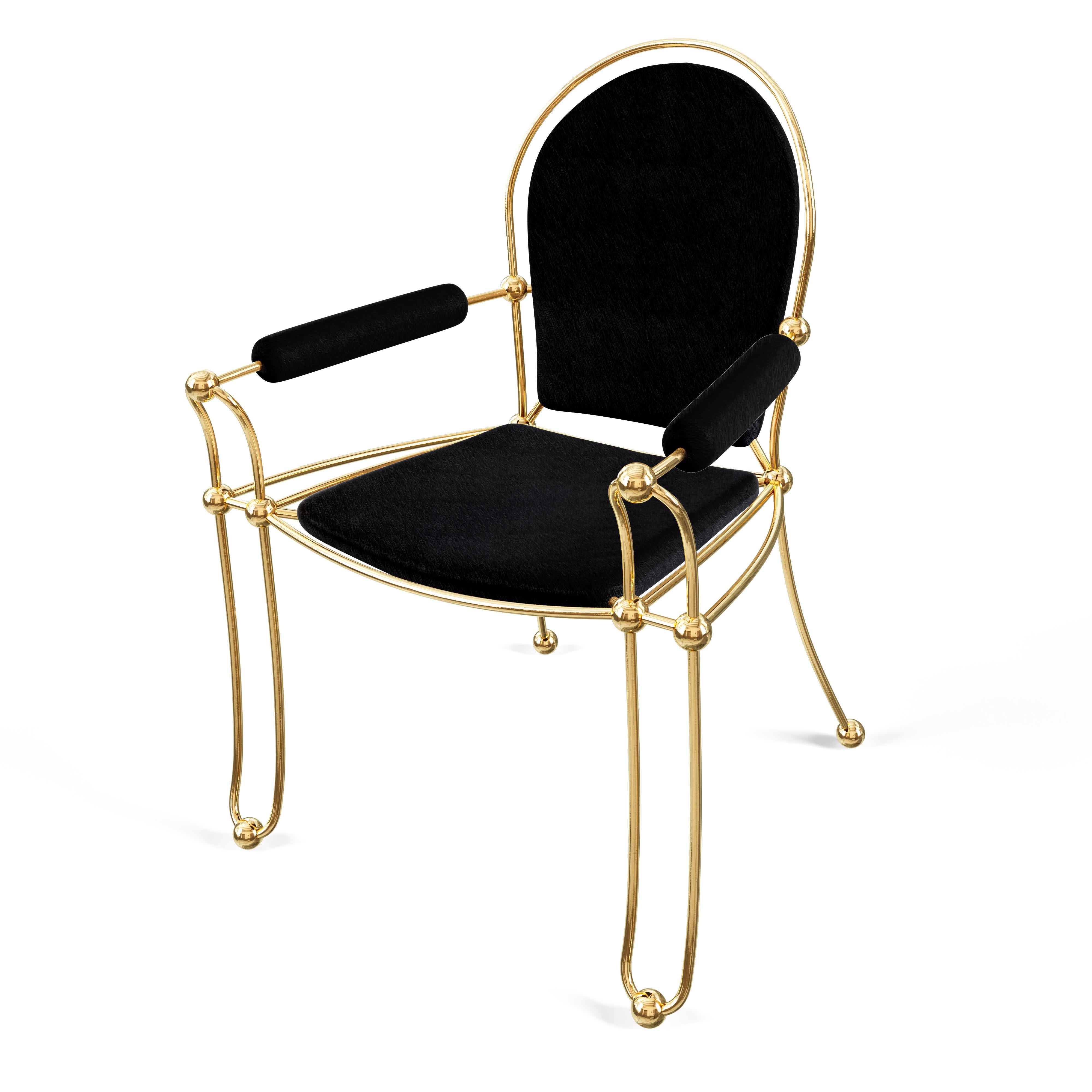 Polished Solid Brass Dining Chair With Horse Hide Upholstery For Sale