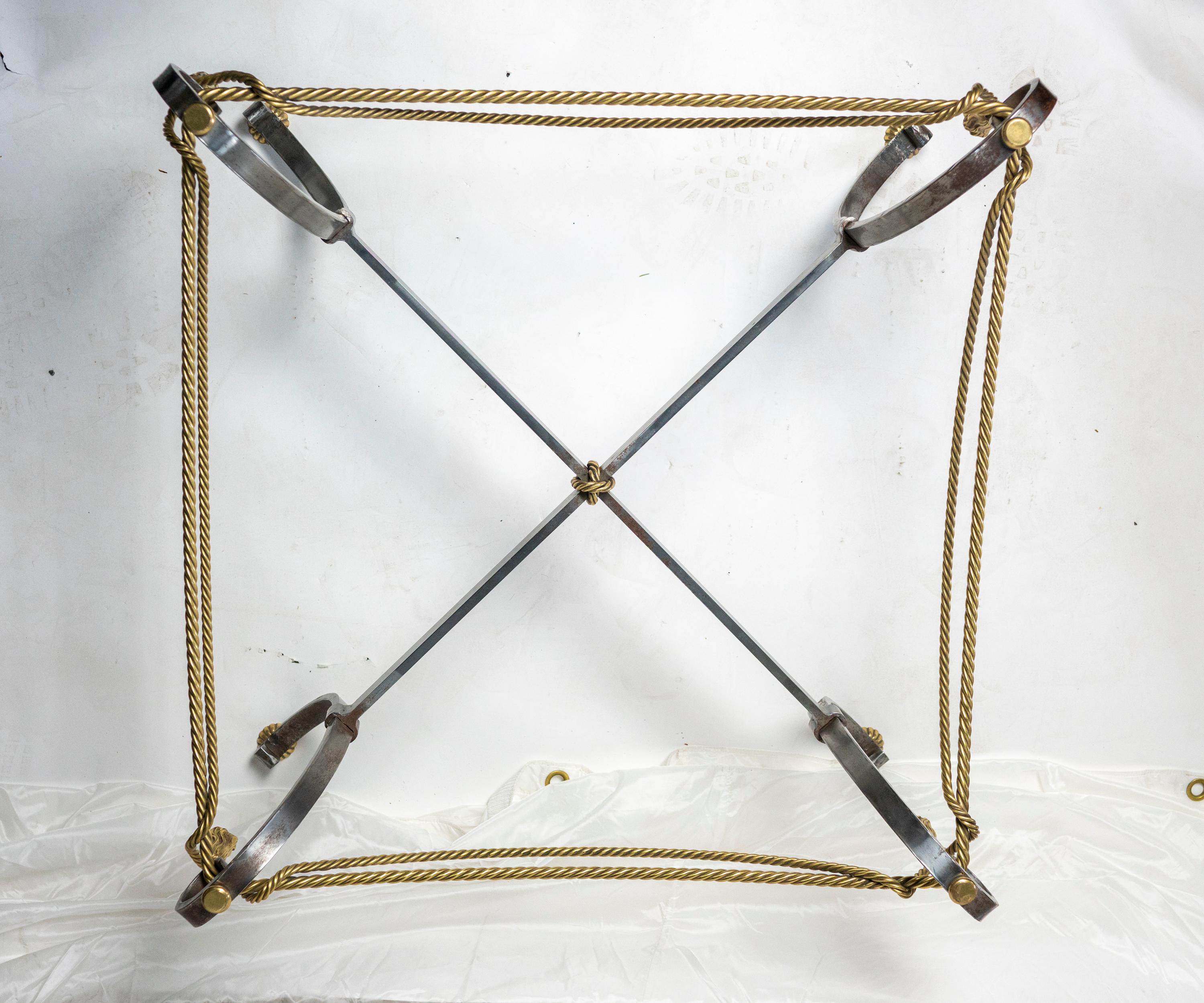 French Solid Brass and Steel Rope Twist Coffee Table in the Style of Maison Jansen For Sale