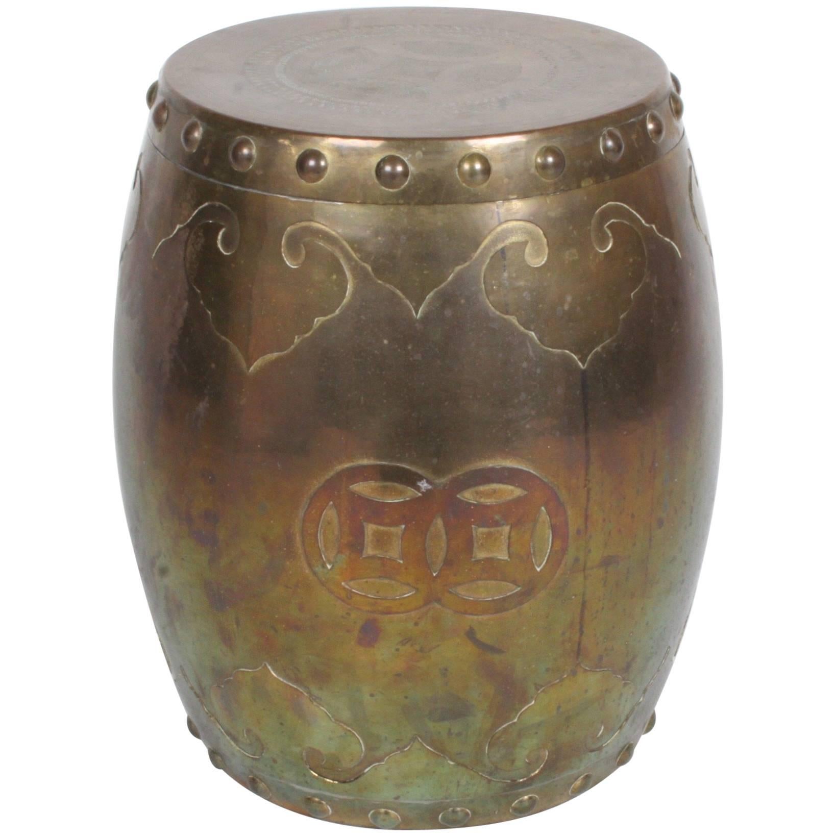 Solid Brass Asian Drum Side Table or Stool