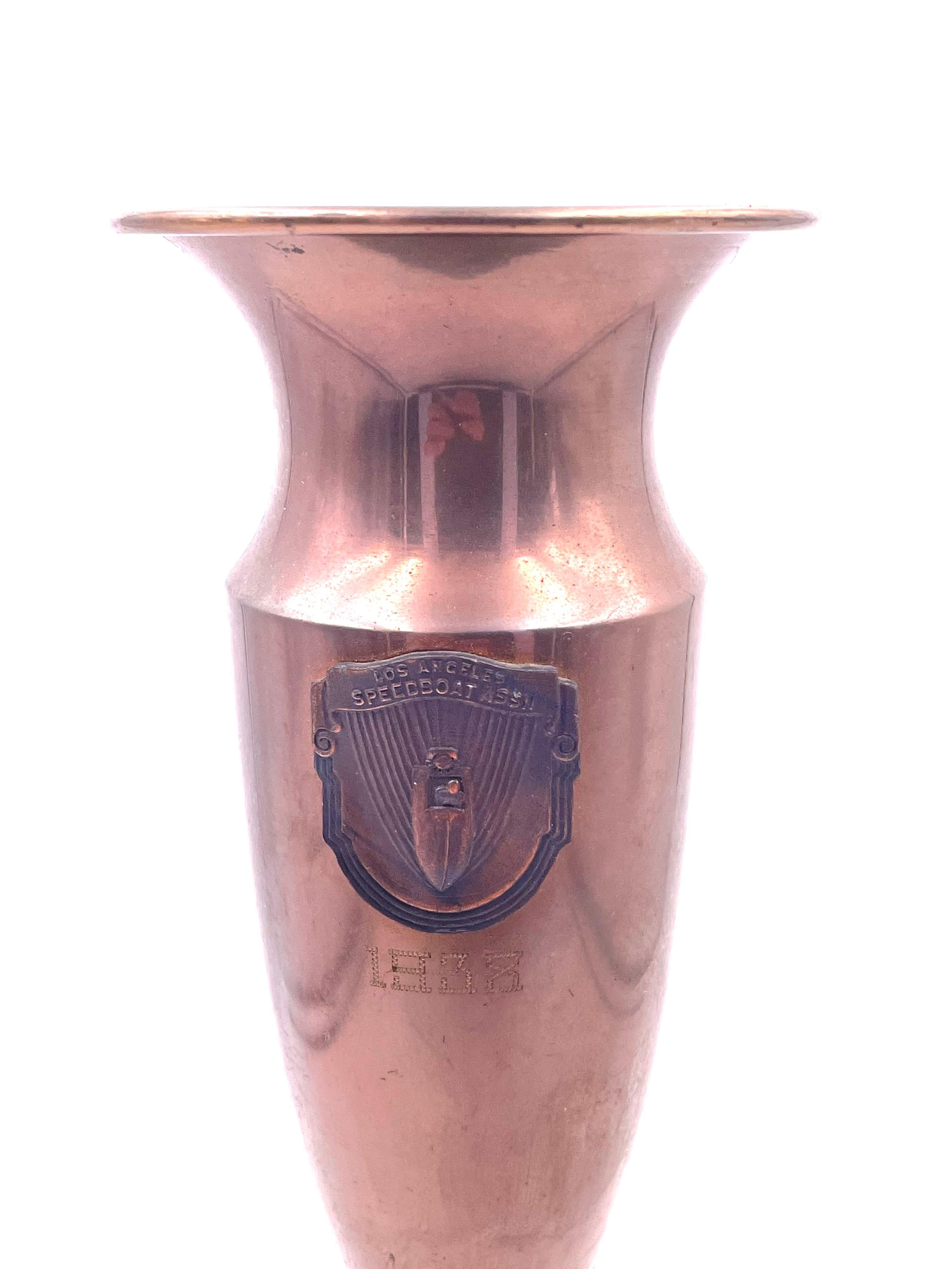 Solid Brass & Bakelite Trophy Cup Engraved Logo Los Angeles Speedboat Assn 1938 In Good Condition For Sale In San Diego, CA