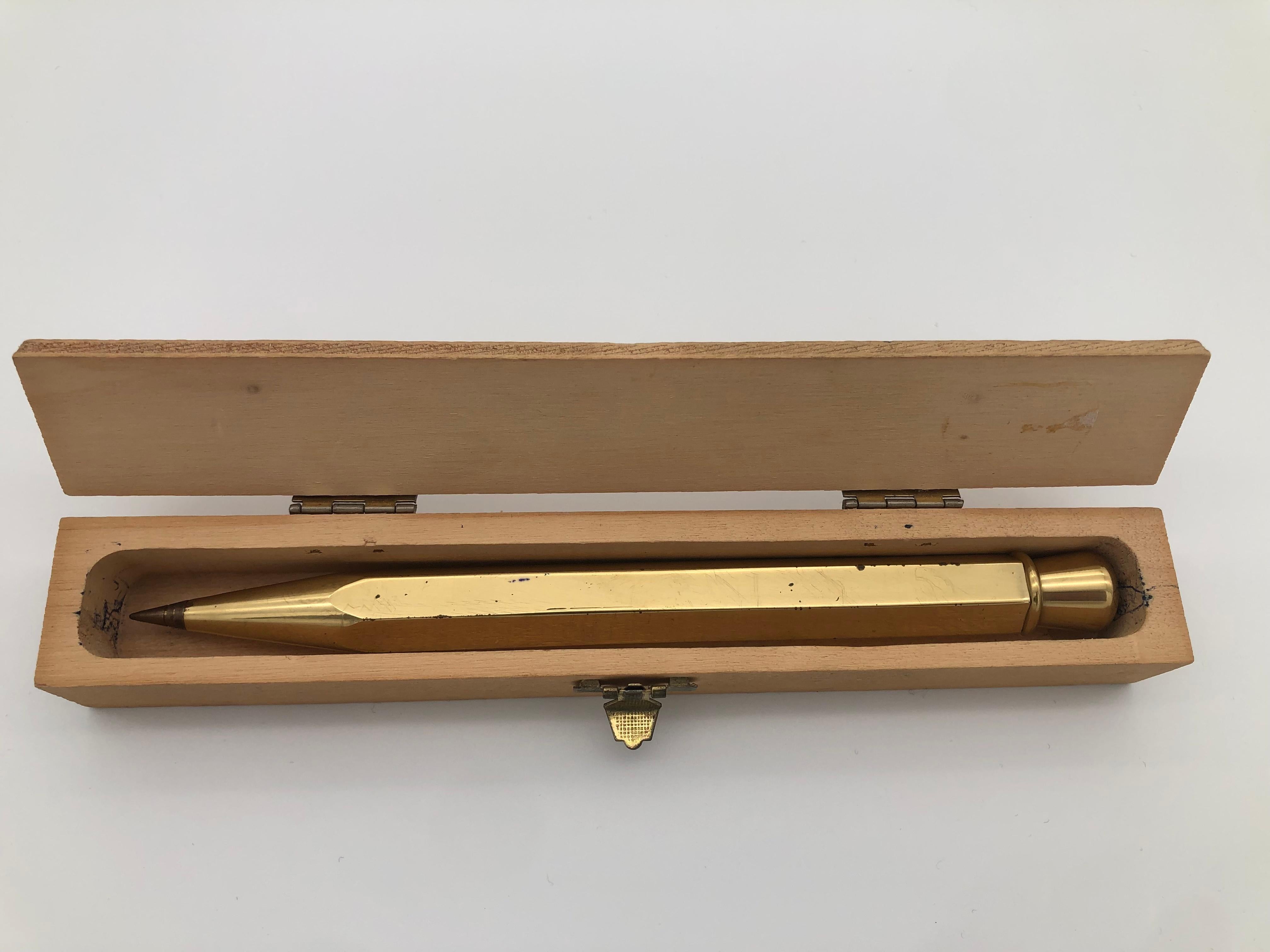Mid-Century Modern Solid Brass Ballpoint Pen in Original Wooden Box, Carl Aubock 1970