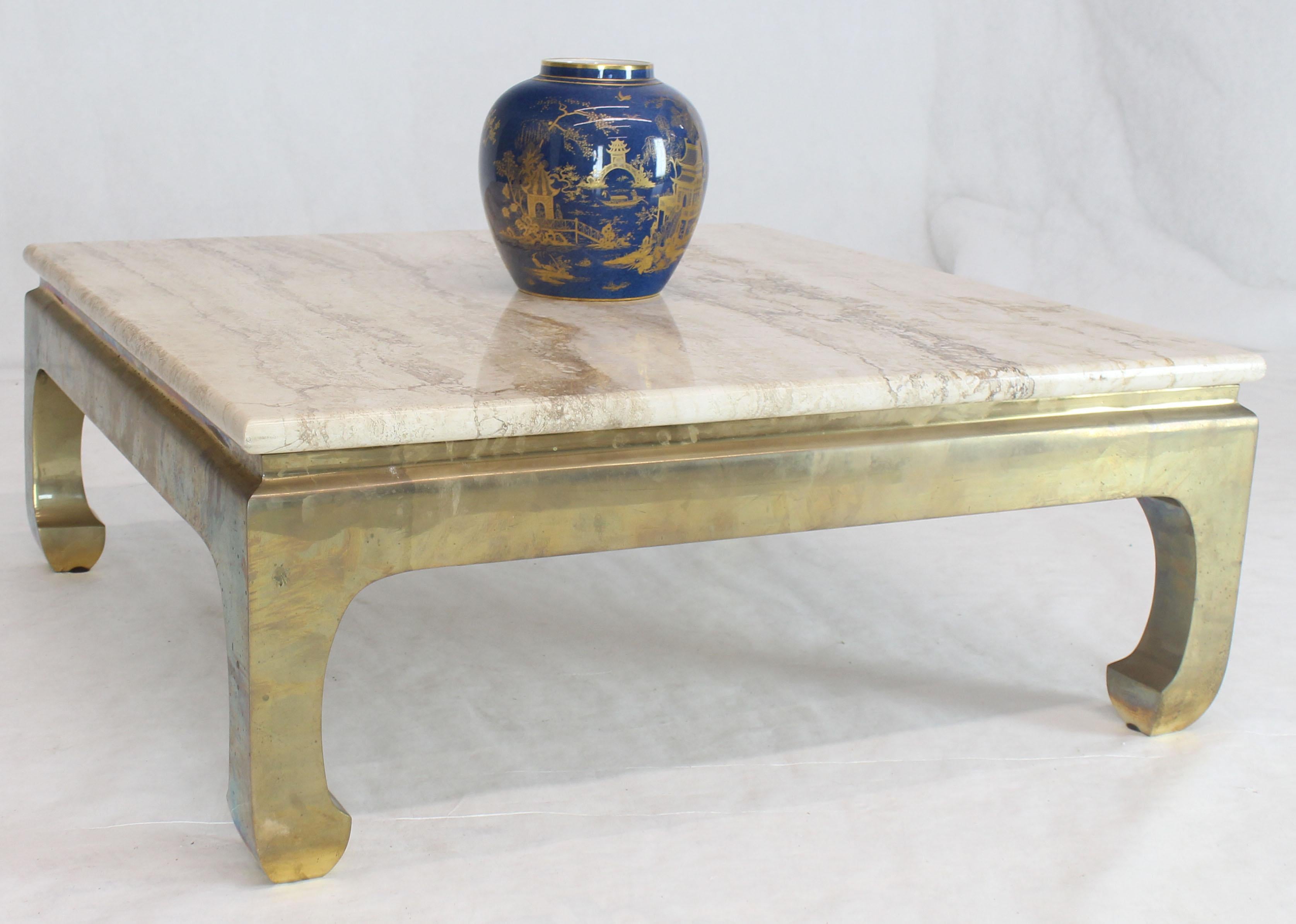 Mid-Century Modern brass and travertine square coffee cocktail table.
