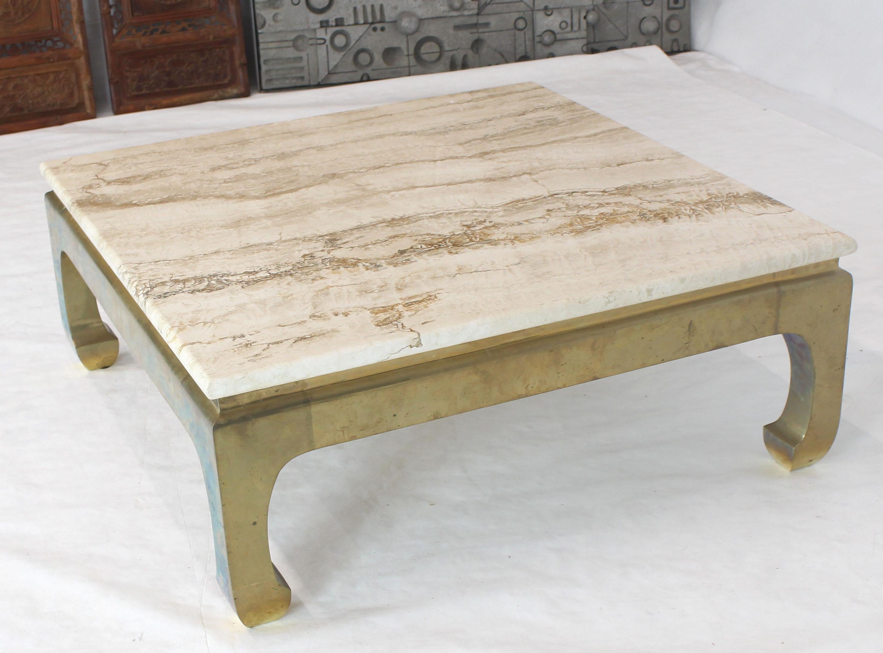 Mid-Century Modern Solid Brass Base Square Travertine Top Coffee Center Table