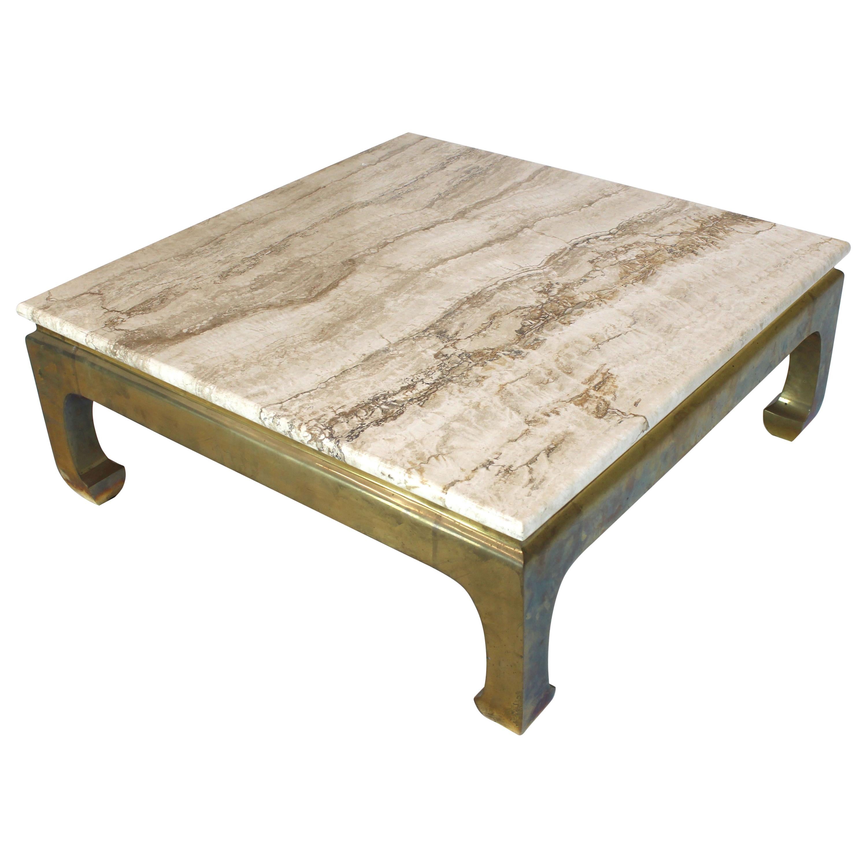 Solid Brass Base Square Travertine Top Coffee Center Table