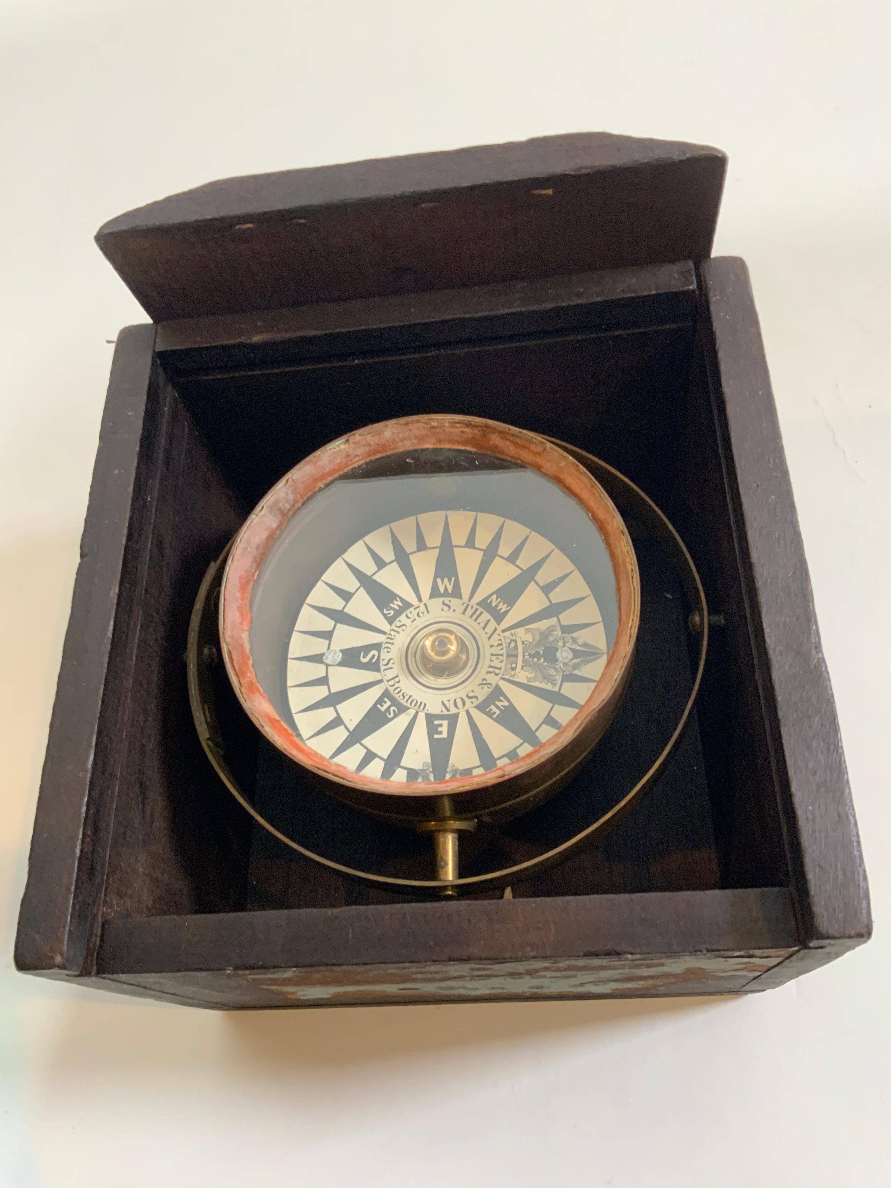 Nineteenth century solid brass gimballed boat compass with varnished wood box. Compass card is marked with maker's name Ritchie and sold by S. Thaxter and Sons of Boston, Massachusetts. Circa 1880.

Overall Dimensions: 5