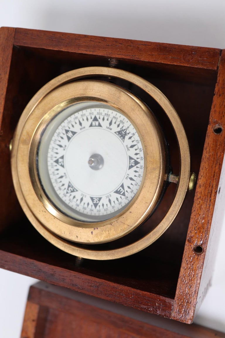 Solid Brass Boat Compass in a Wood Box at 1stDibs