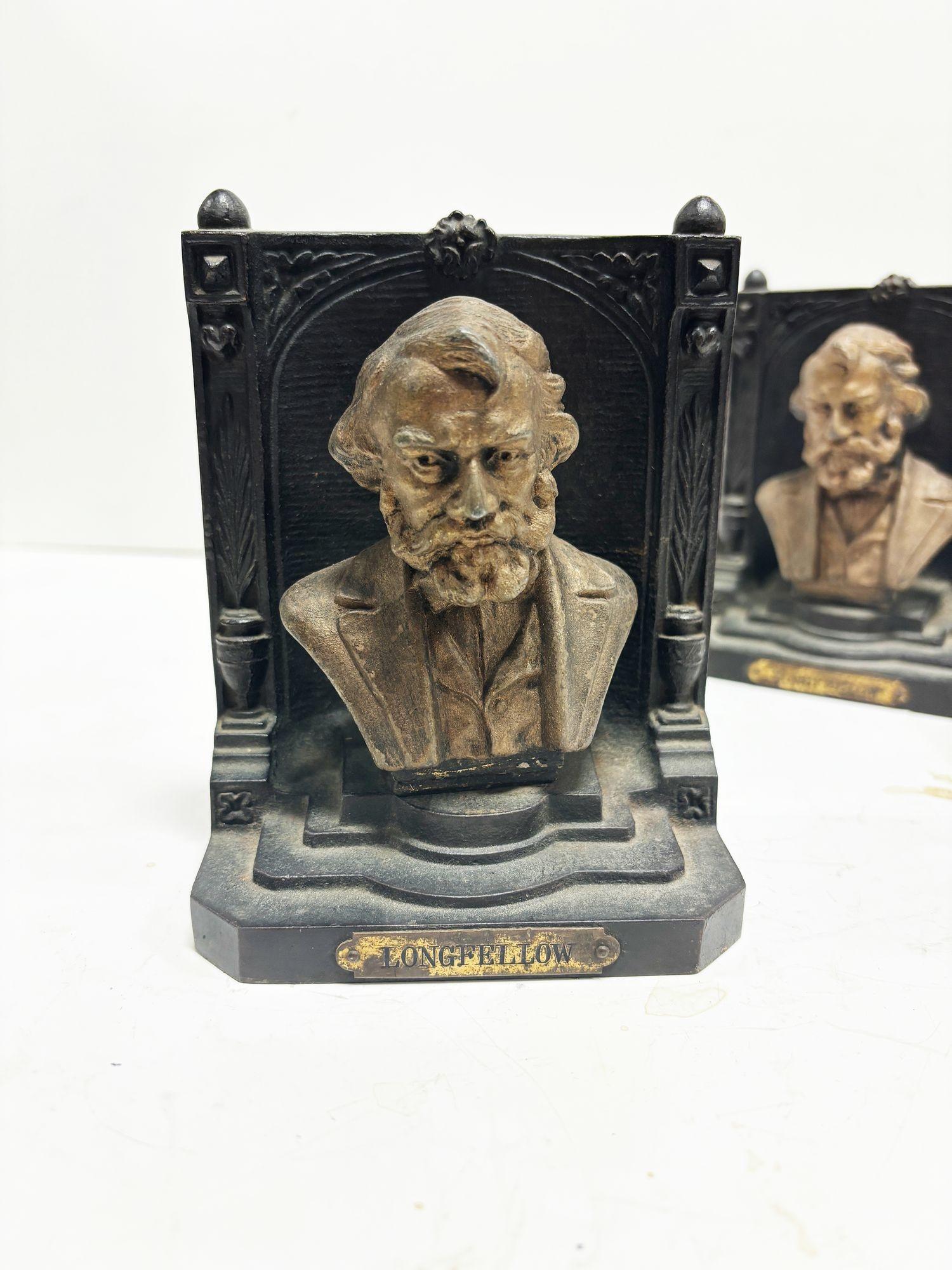 20th Century Solid Brass Bookends Bust Of Henry W. Longfellow by 