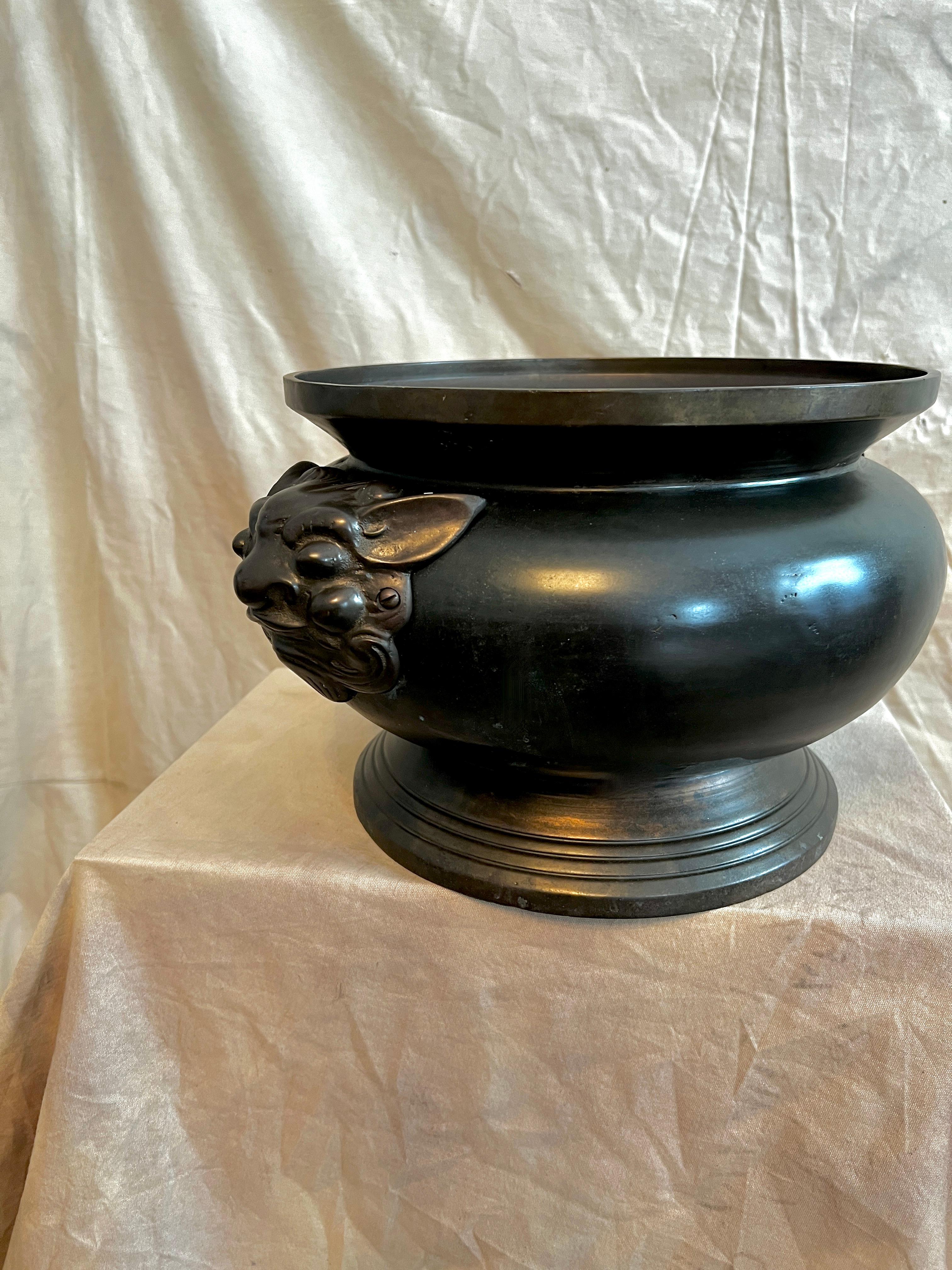 Bronze Solid Brass Cachepot Jardiniere with Asian Foo Dog Handles