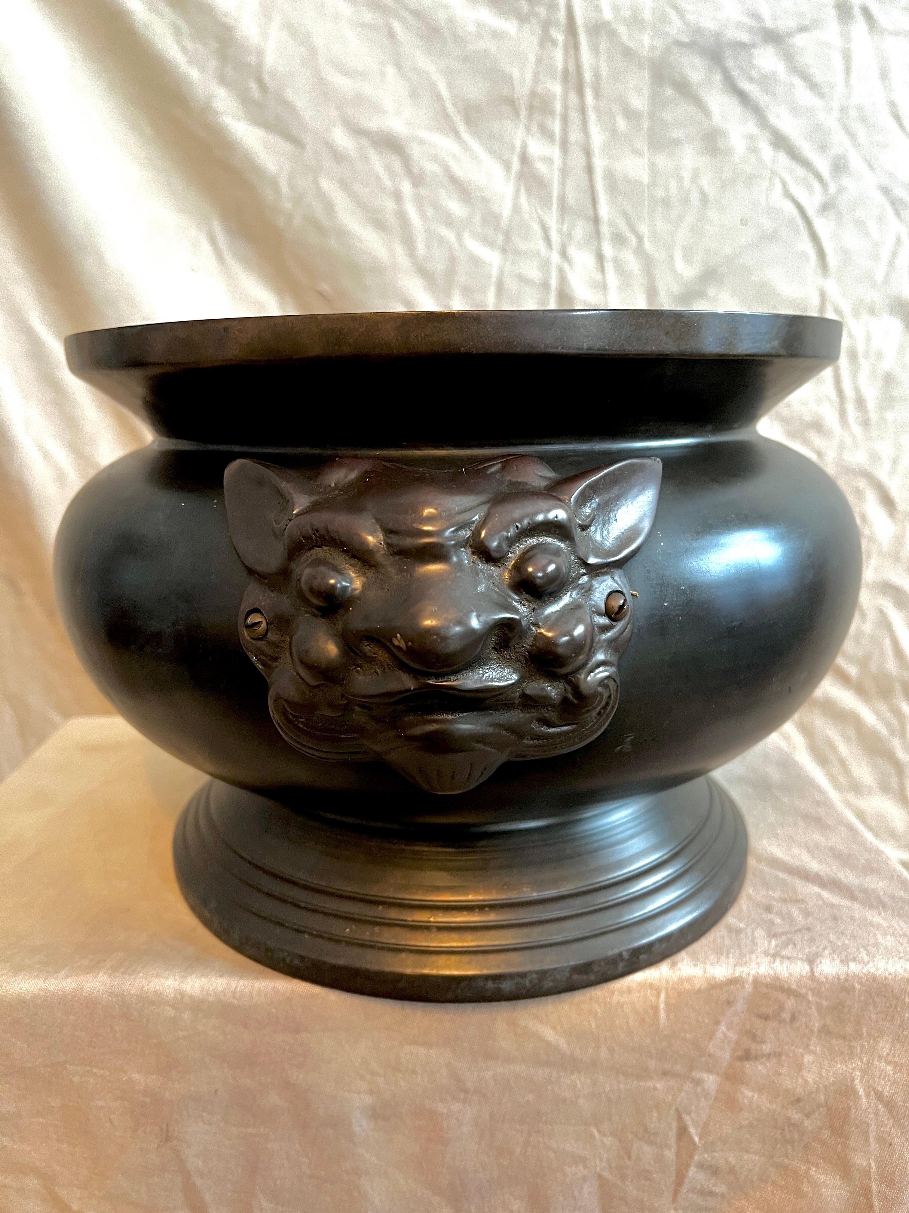 Solid Brass Cachepot Jardiniere with Asian Foo Dog Handles 2