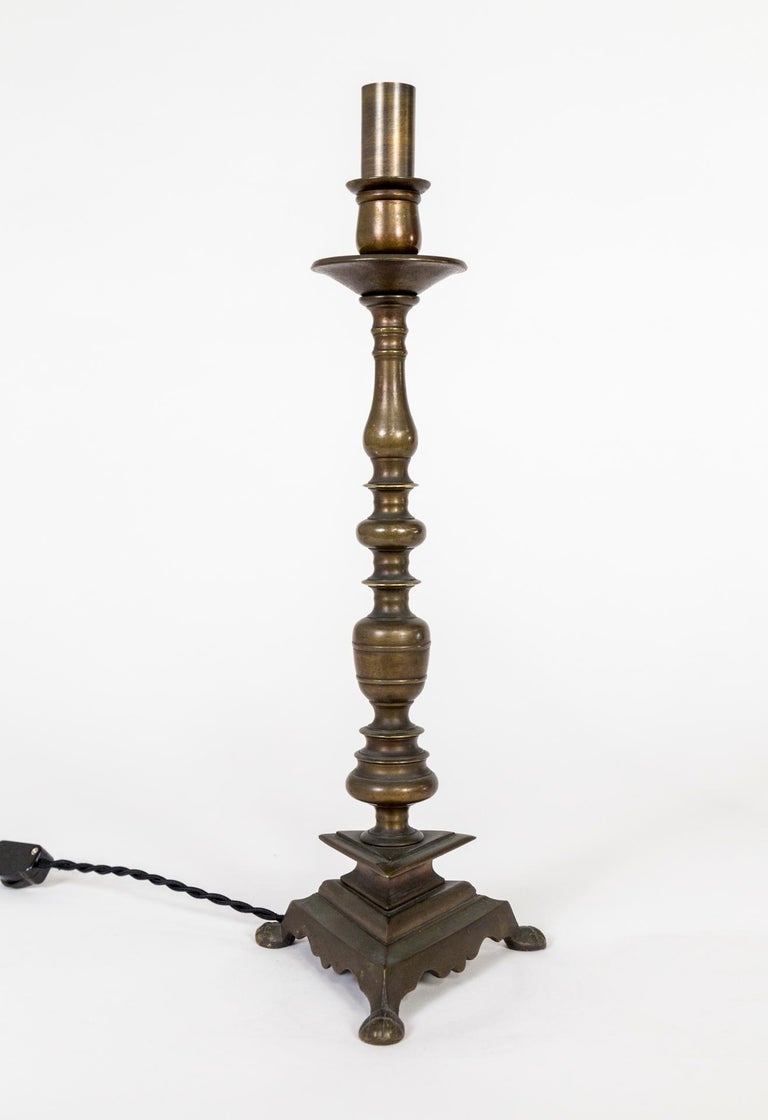Solid Brass Candlestick Table Lamps w/ Triangular Base 'Pair' For Sale at 1stDibs