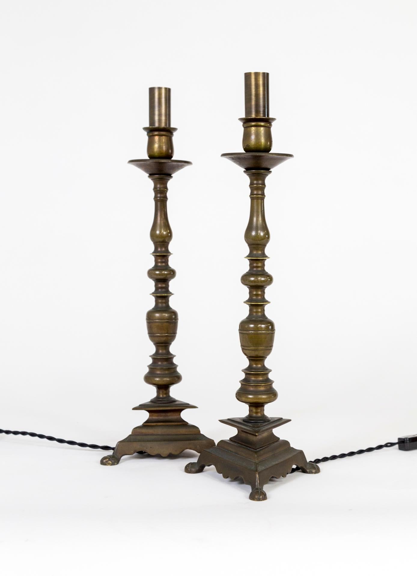 Solid Brass Candlestick Table Lamps w/ Triangular Base 'Pair' 3