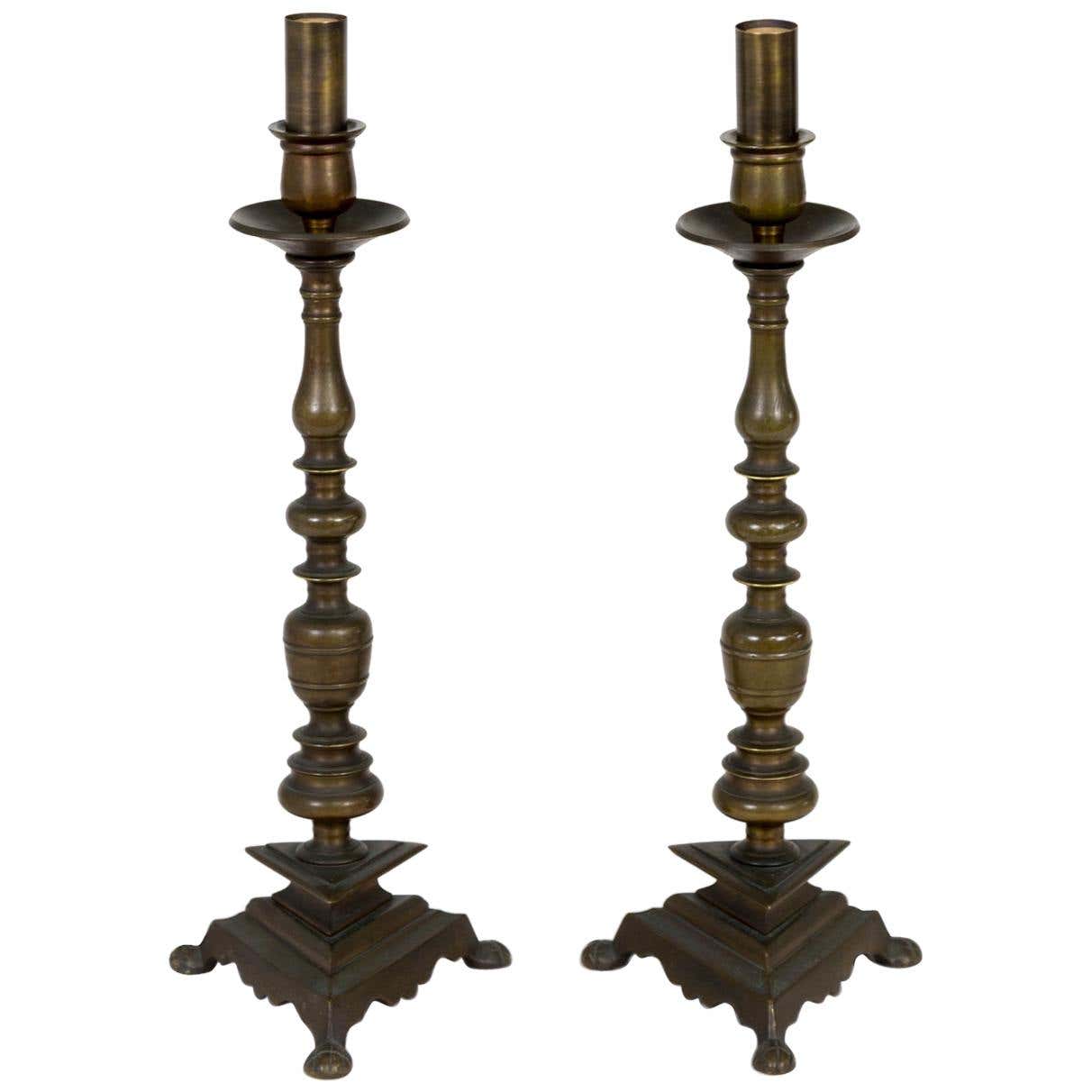 Solid Brass Candlestick Table Lamps w/ Triangular Base 'Pair' For Sale ...