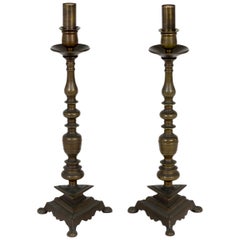 Solid Brass Candlestick Table Lamps w/ Triangular Base 'Pair'
