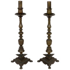 Antique Solid Brass Candlestick Table Lamps w/ Triangular Base 'Pair'