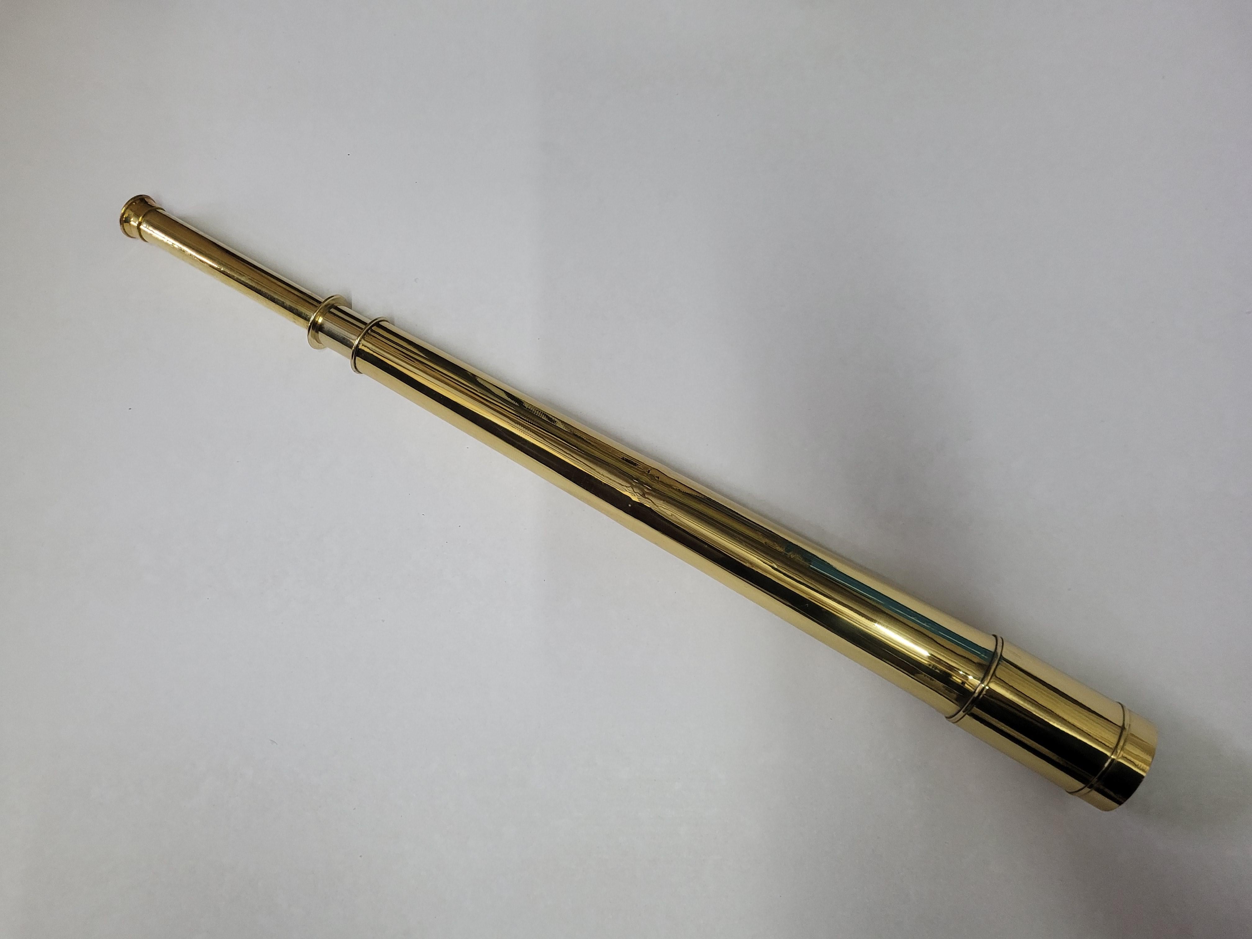 Ships spyglass telescope appropriate for use on a yacht, ship, or anywhere with a view. This has been meticulously polished and lacquered. We just restored a great collection of these. This fine instrument has a tapered single draw barrel of solid