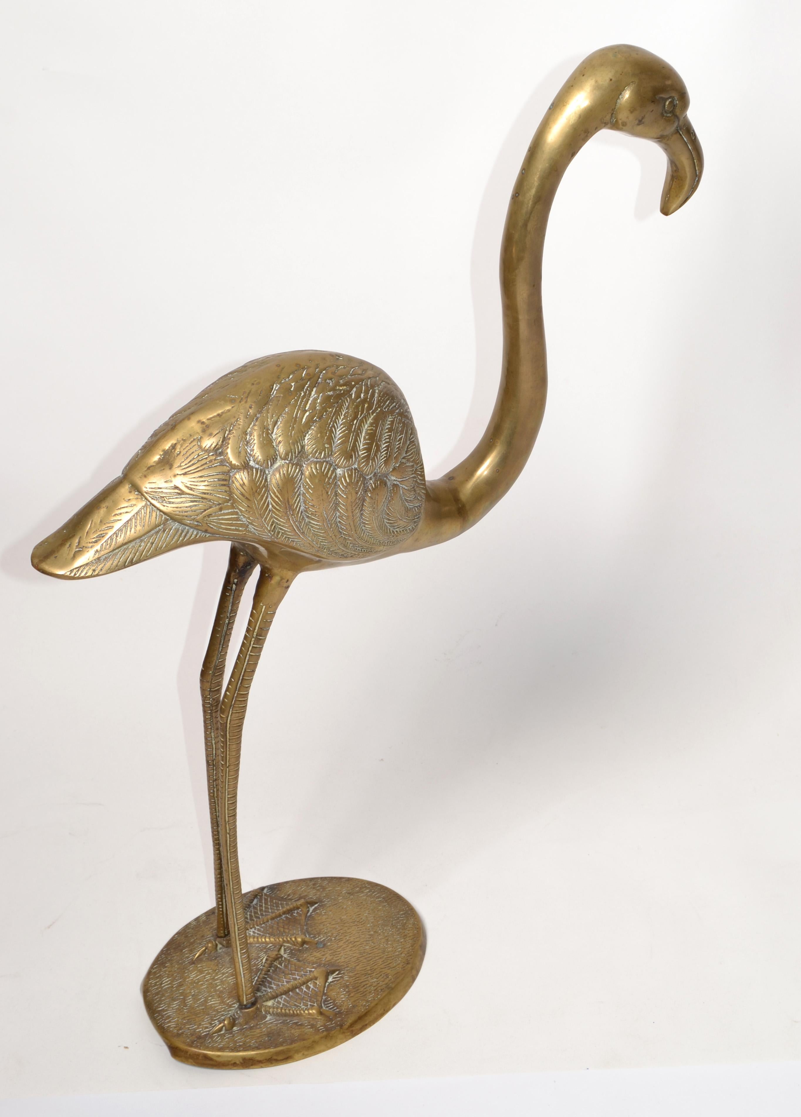 Mid-Century Modern Solid Brass Carved Flamingo Life-Size Animal Sculpture Outdoor Indoor Asian 1960 For Sale