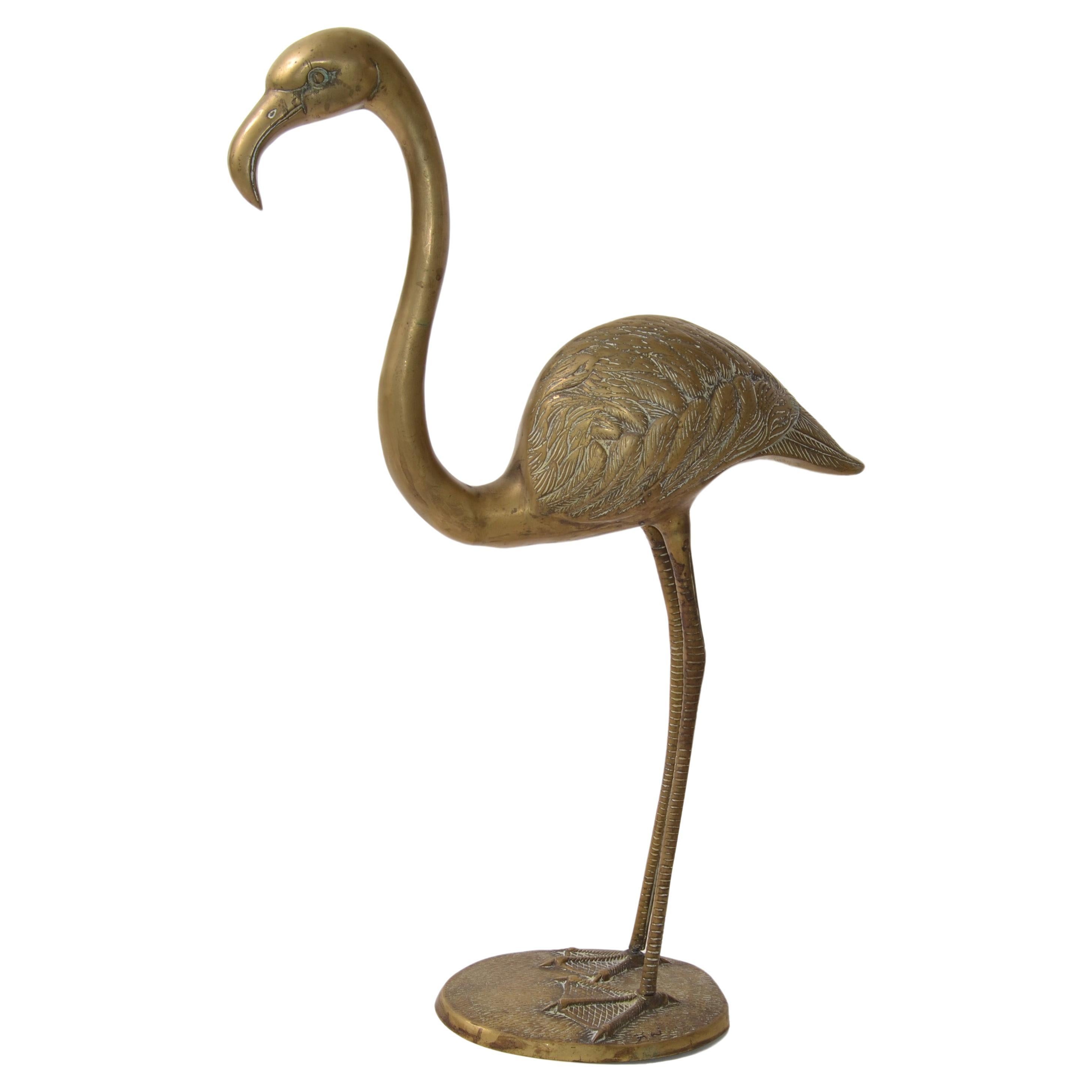 Solid Brass Carved Flamingo Life-Size Animal Sculpture Outdoor Indoor Asian 1960 For Sale