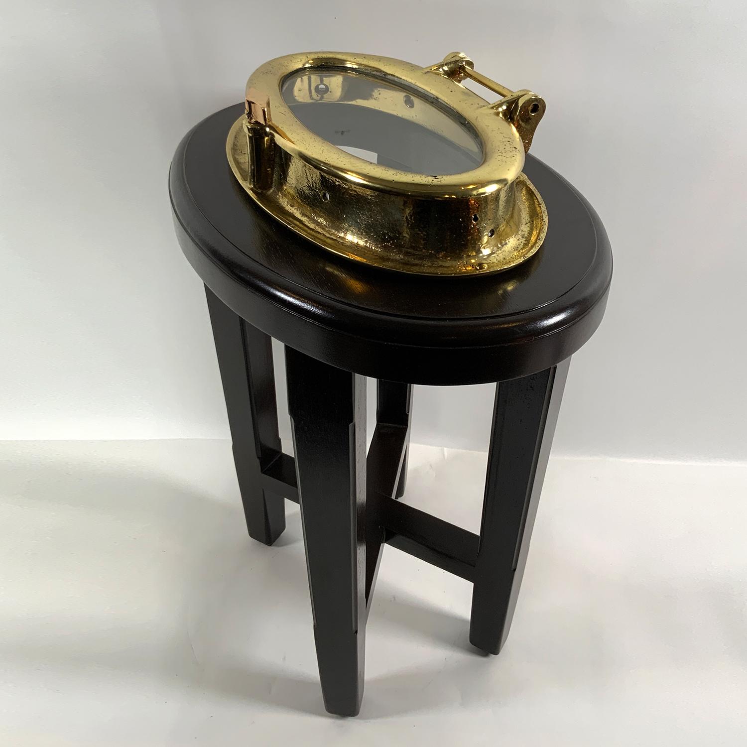 Lacquered Solid Brass Catboat Porthole Table For Sale