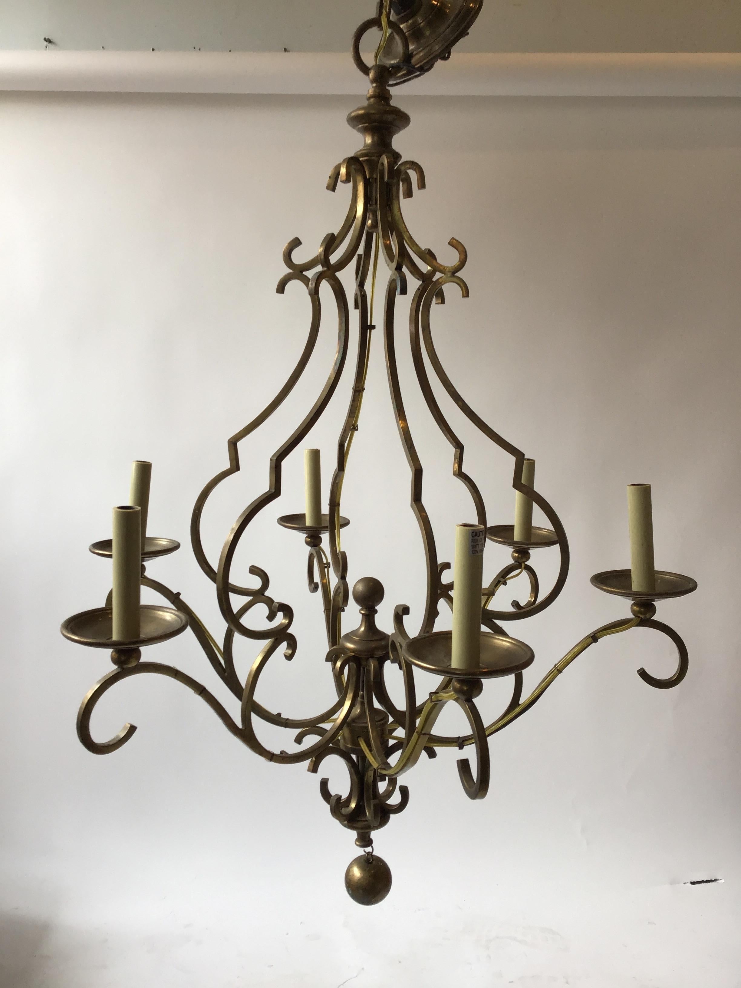 A quality solid brass chandelier from a Greenwich, Connecticut mansion.