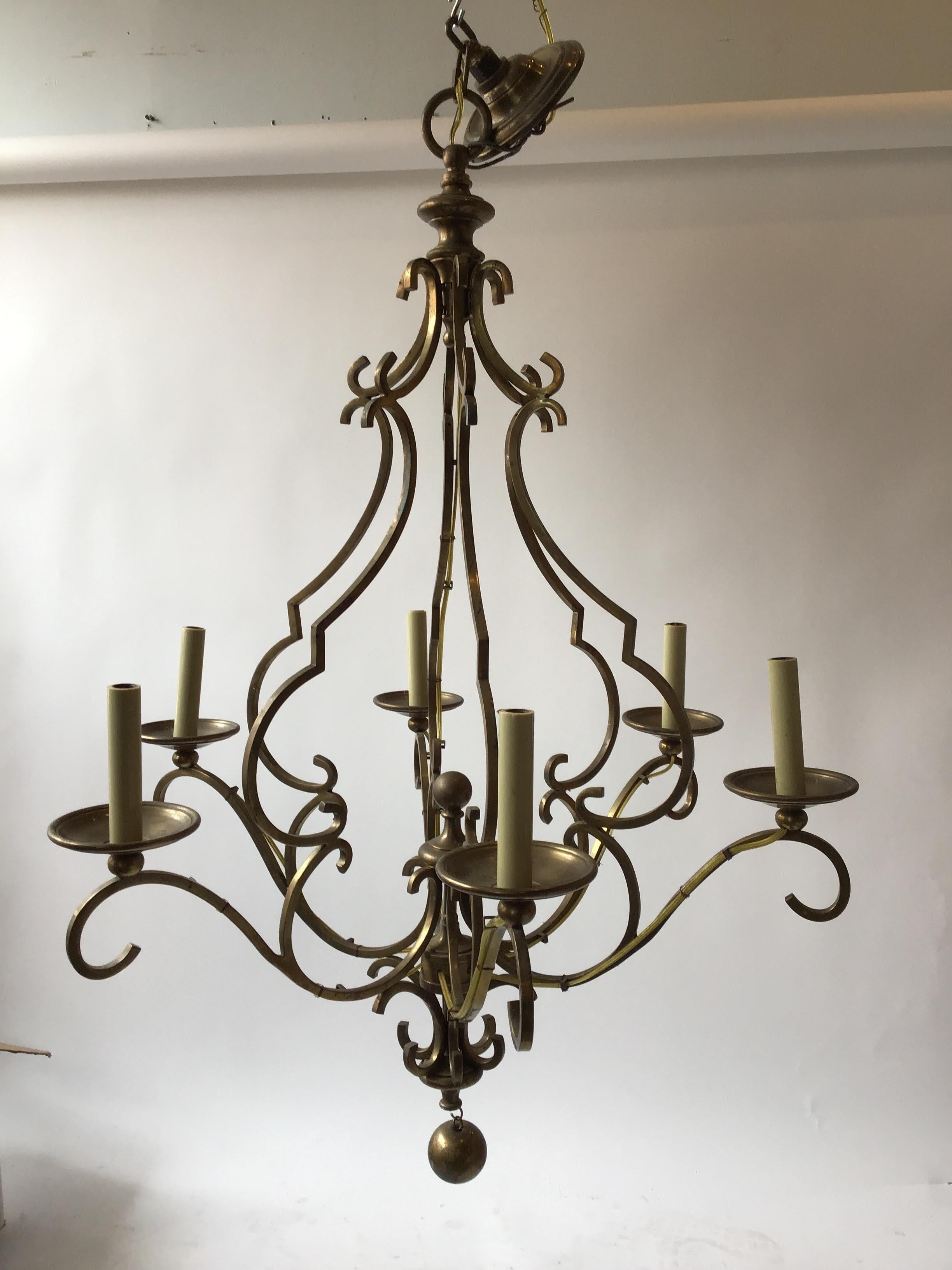 Solid Brass Chandelier with Ball In Good Condition In Tarrytown, NY