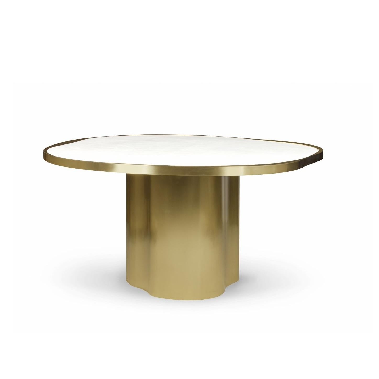 Moderne Ensemble de salle à manger en laiton massif - Table en marbre avec base festonnée + 4 chaises en bouclé ivoire en vente