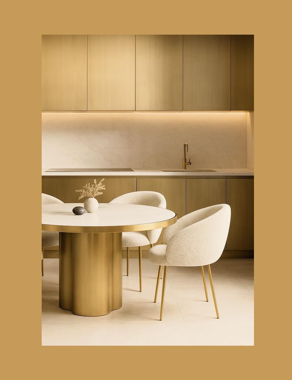 Ensemble de salle à manger en laiton massif - Table en marbre avec base festonnée + 4 chaises en bouclé ivoire Neuf - En vente à NEW YORK, NY
