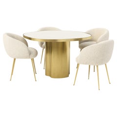 Ensemble de salle à manger en laiton massif - Table en marbre avec base festonnée + 4 chaises en bouclé ivoire