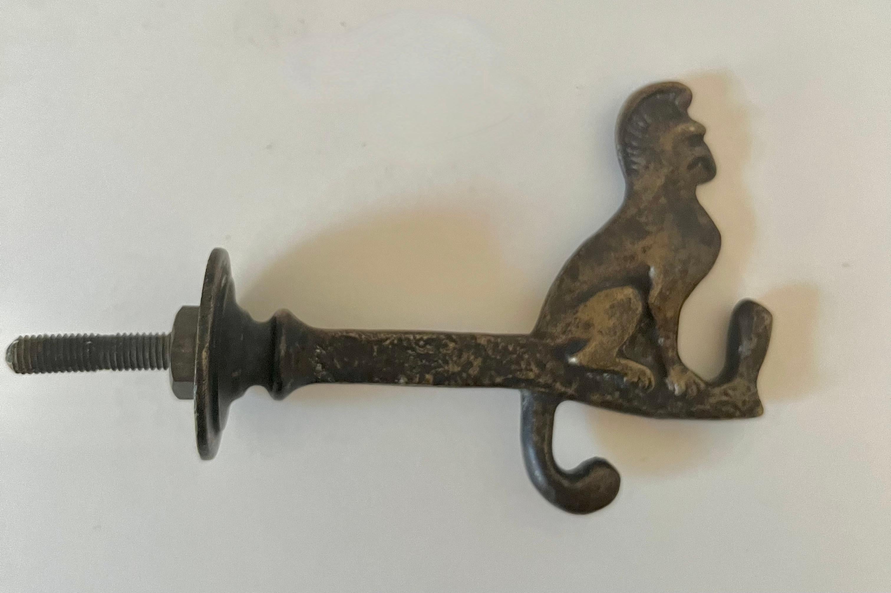 19th Century Solid Brass Door Coat Hook with Monkey For Sale
