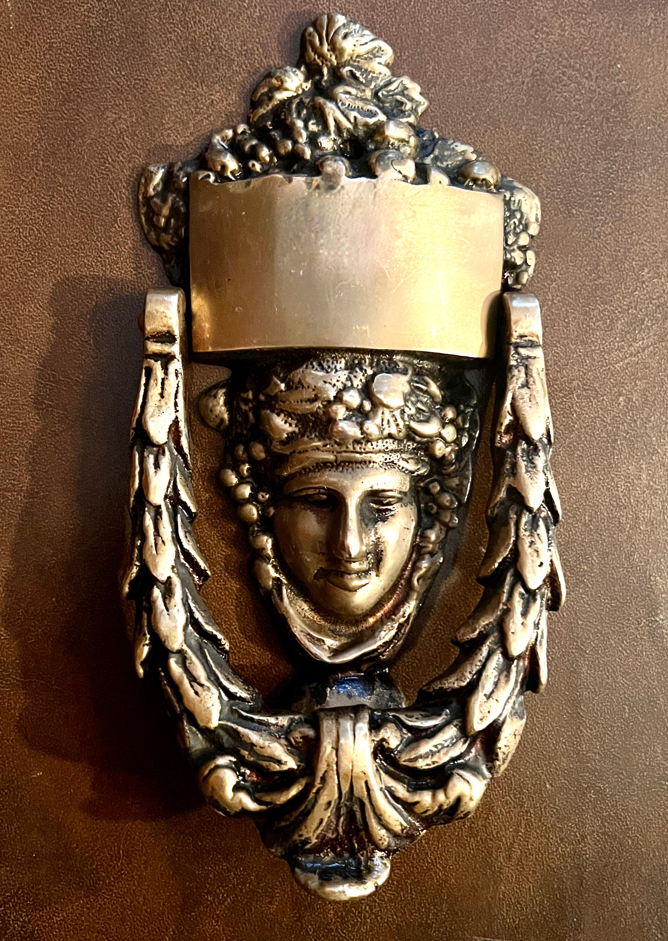 Victorian Solid Brass Door Knocker With Roman Goddess Dionysus Face For Sale