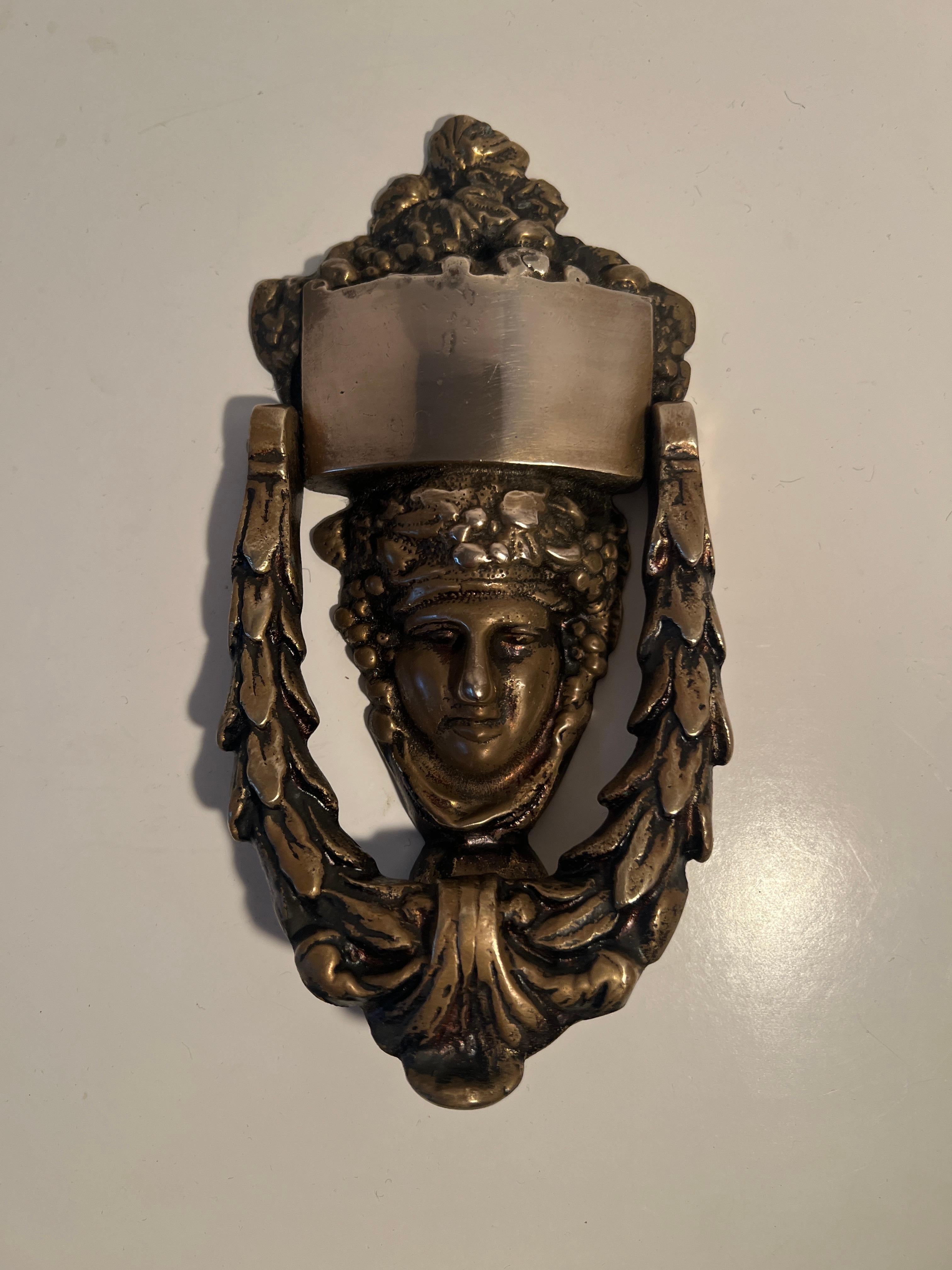 European Solid Brass Door Knocker With Roman Goddess Dionysus Face For Sale