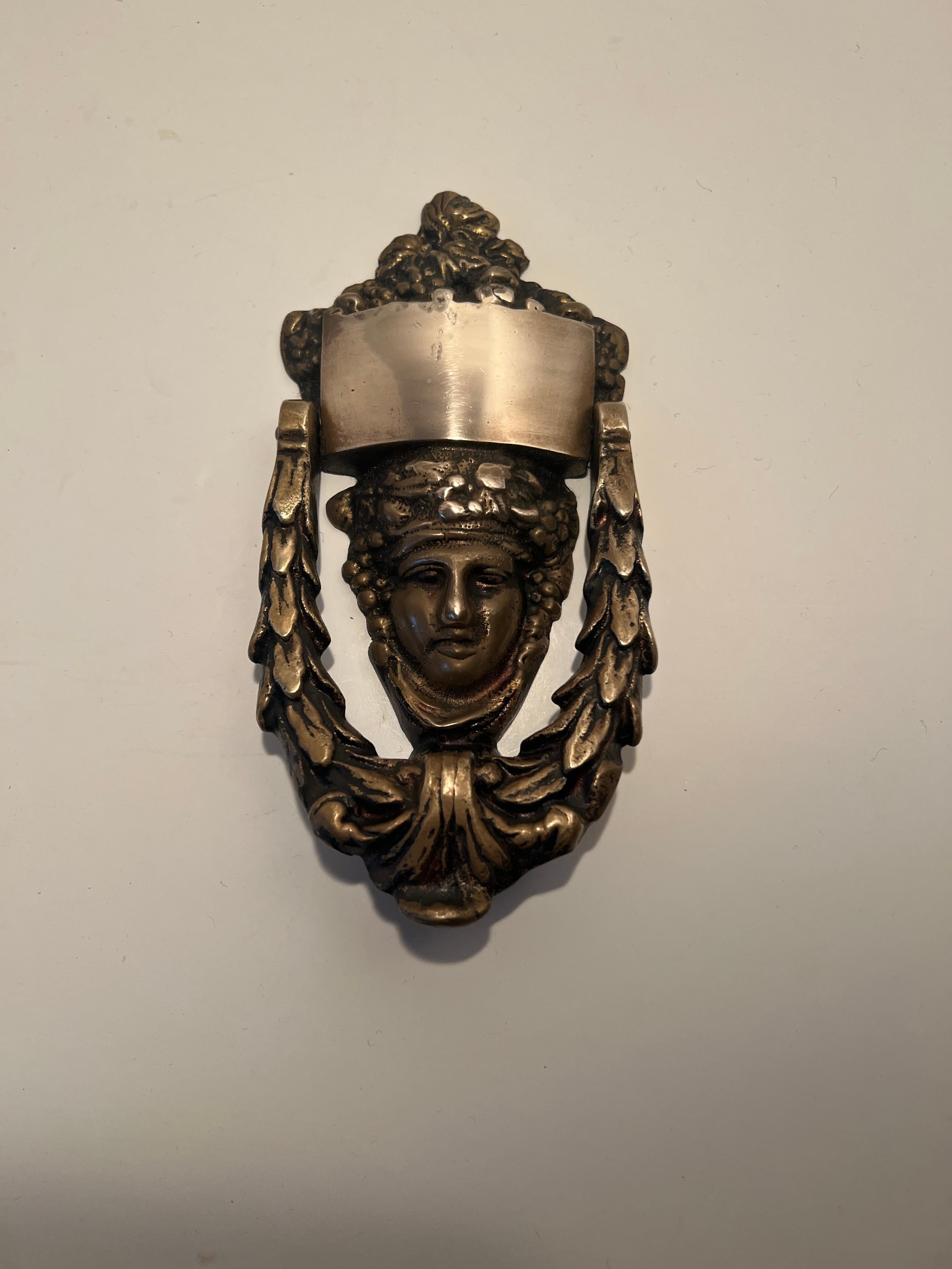 Patinated Solid Brass Door Knocker With Roman Goddess Dionysus Face For Sale