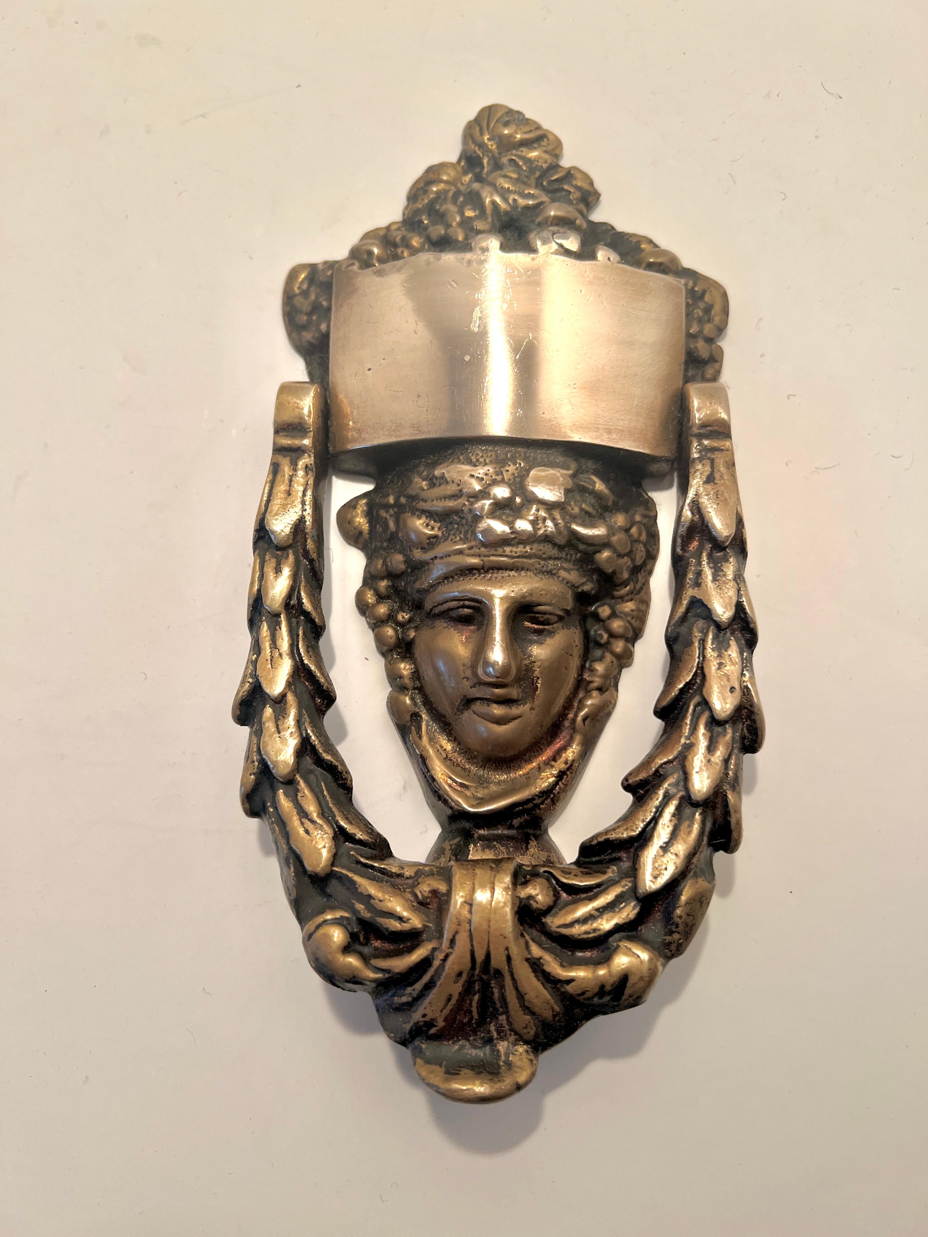 Solid Brass Door Knocker With Roman Goddess Dionysus Face In Good Condition For Sale In Los Angeles, CA