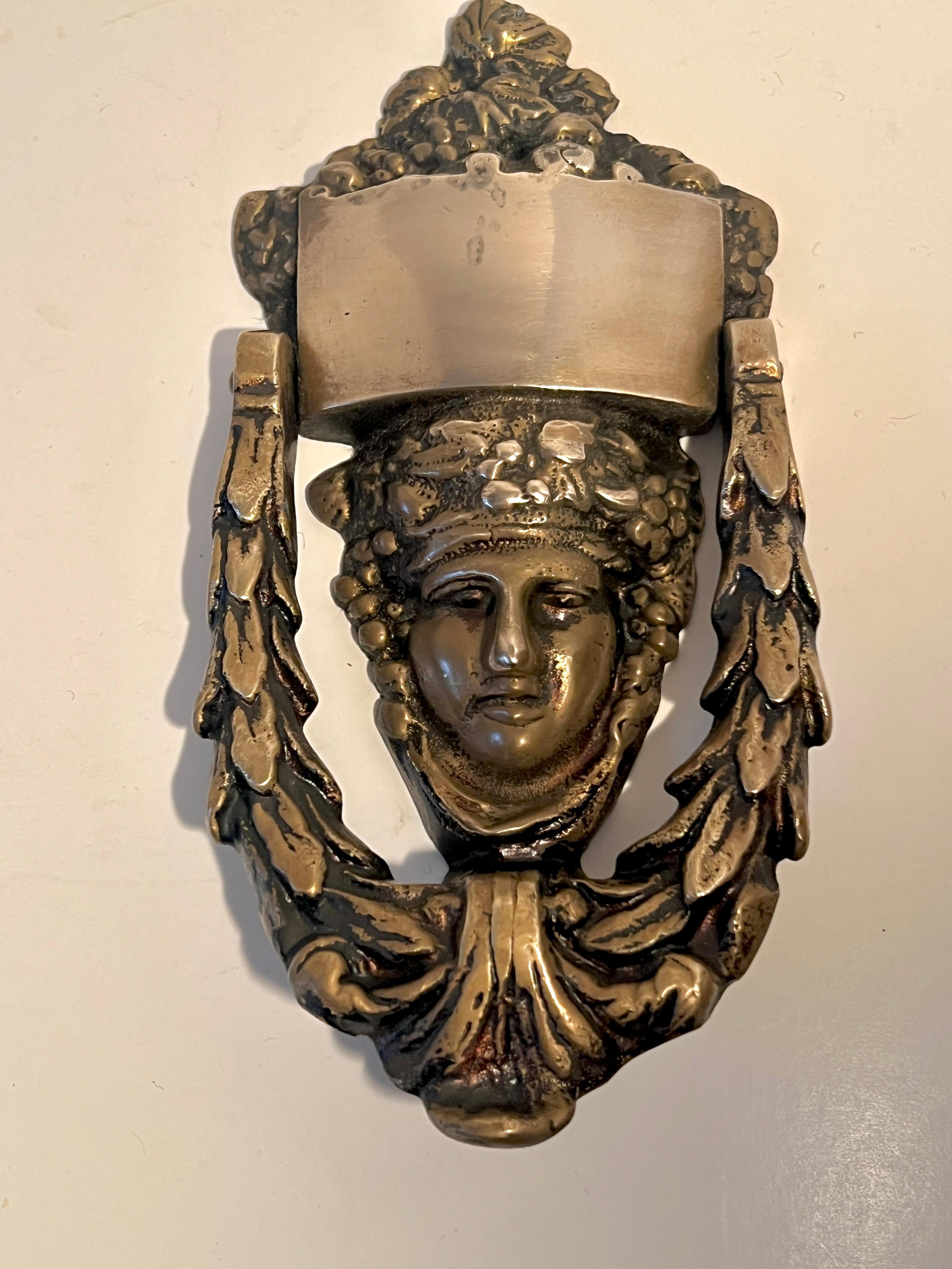 20th Century Solid Brass Door Knocker With Roman Goddess Dionysus Face For Sale
