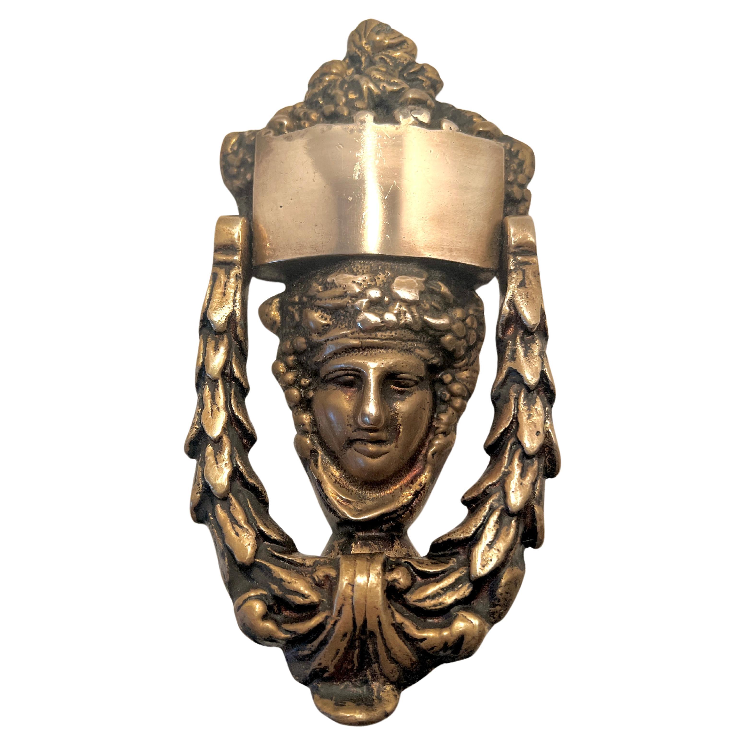 Solid Brass Door Knocker With Roman Goddess Dionysus Face For Sale