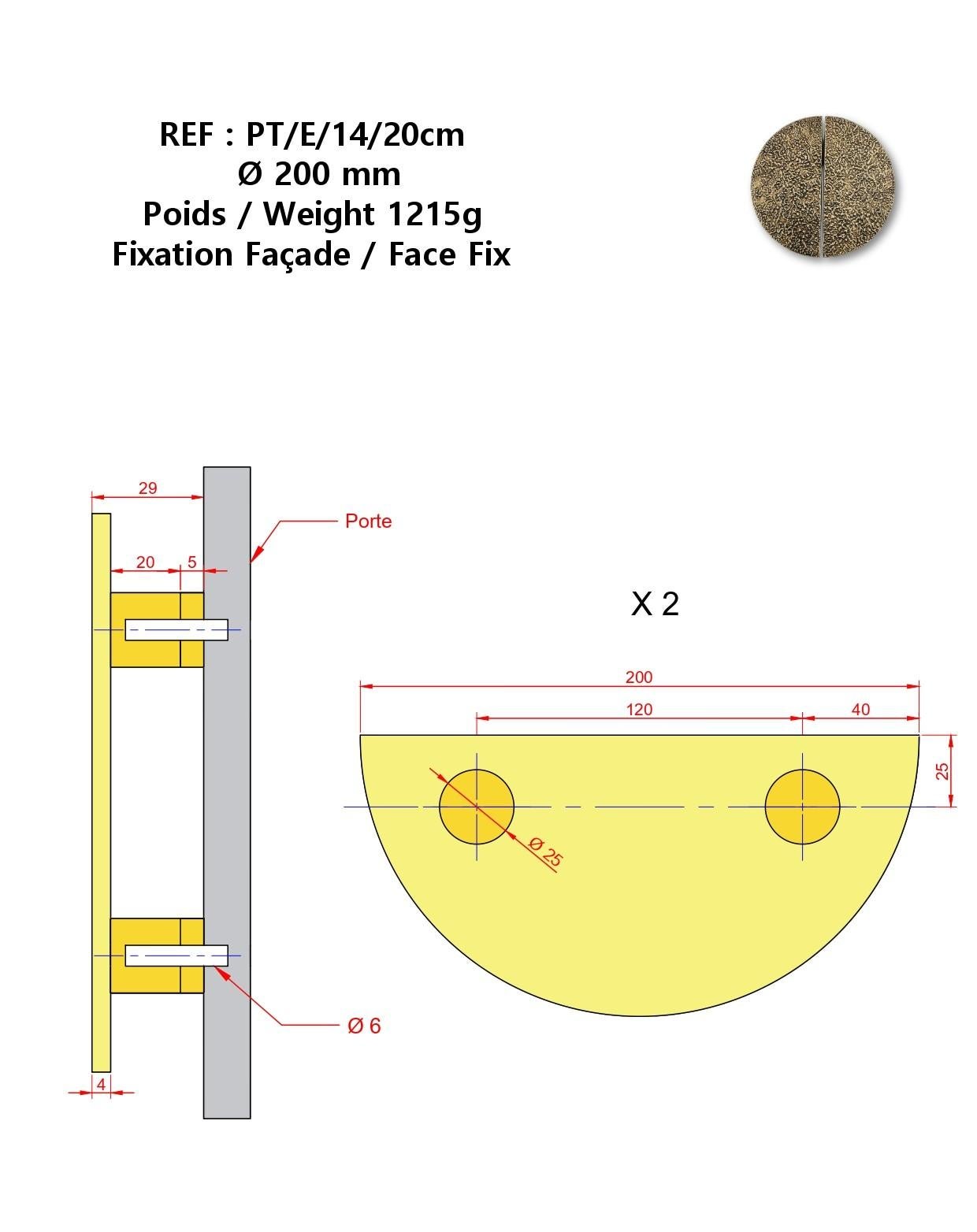 PT/E/14 Türgriff aus massivem Messing - Durchmesser 20 cm (Gehämmert) im Angebot