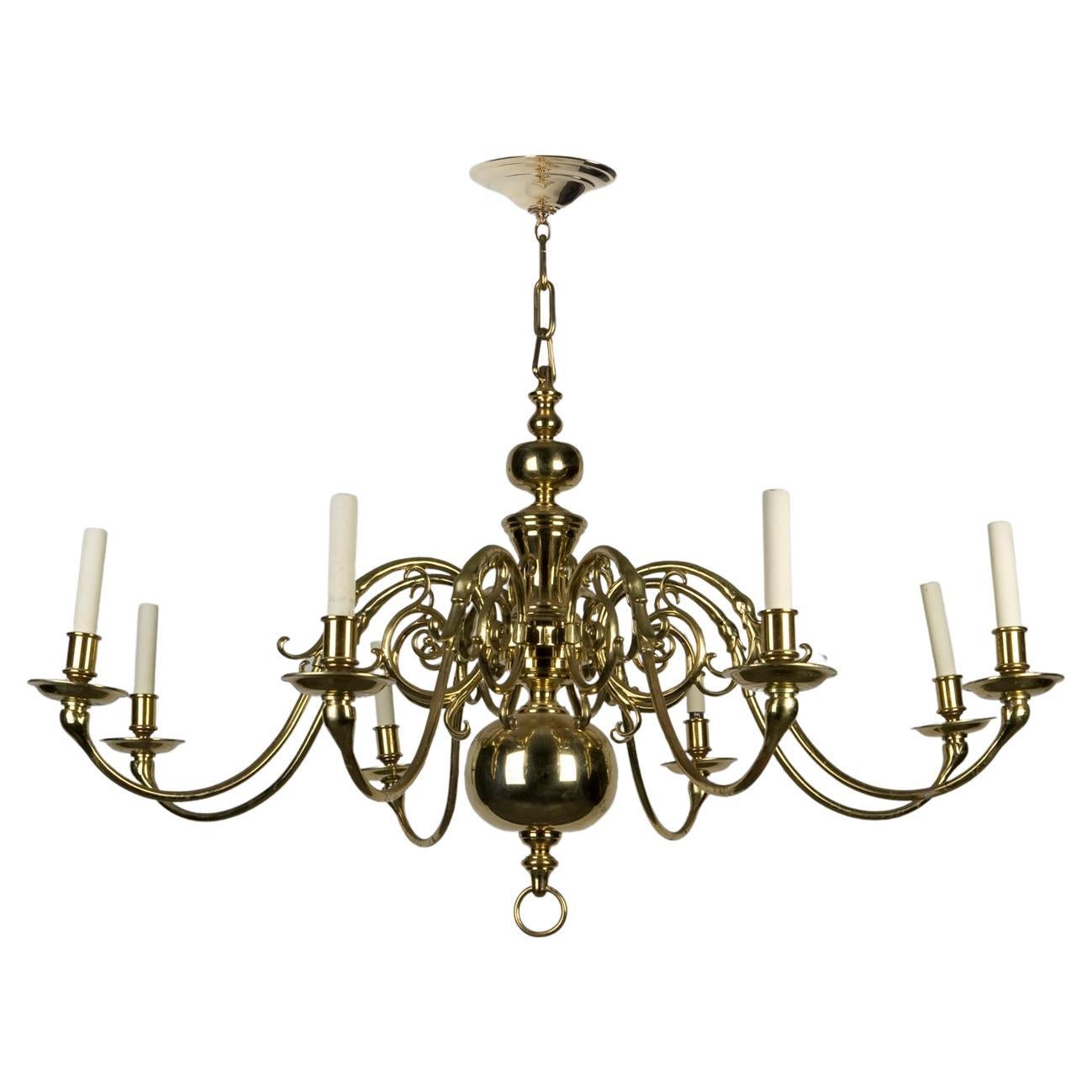 Solid Brass Eight Arm Dutch Colonial Style Chandelier, Circa 1950s For Sale