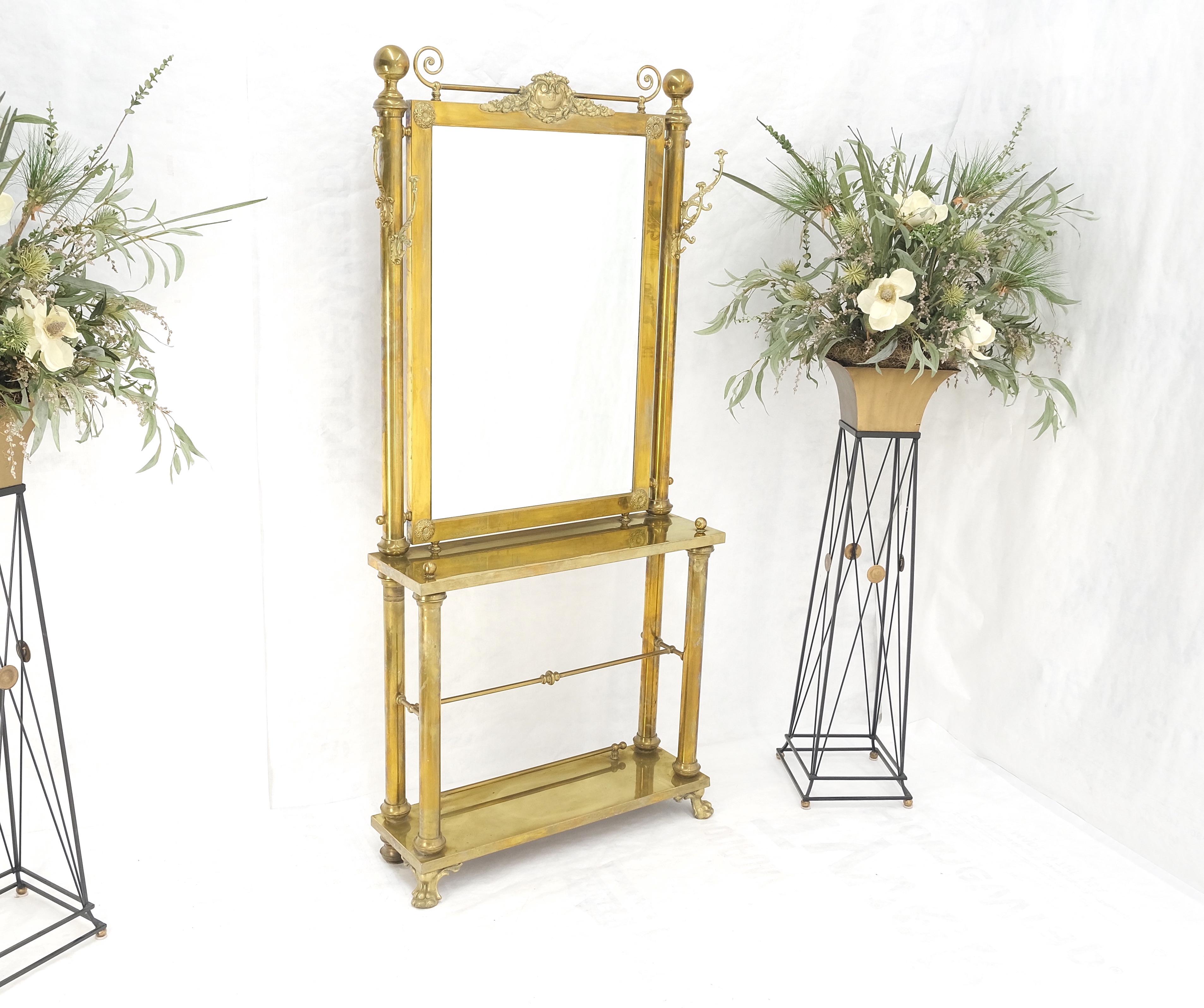 Mid-Century Modern Solid Brass Entryway Hall Tree Mirror Coat Rack Console Table Claw Feet For Sale