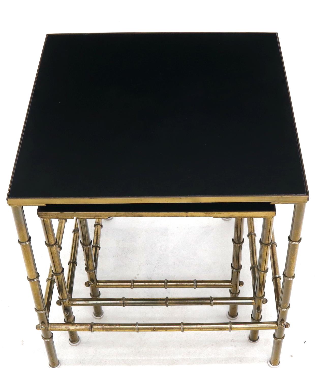 Solid Brass Faux Bamboo Set of 3 Nesting Tables with Black Vitrolite Glass For Sale 3