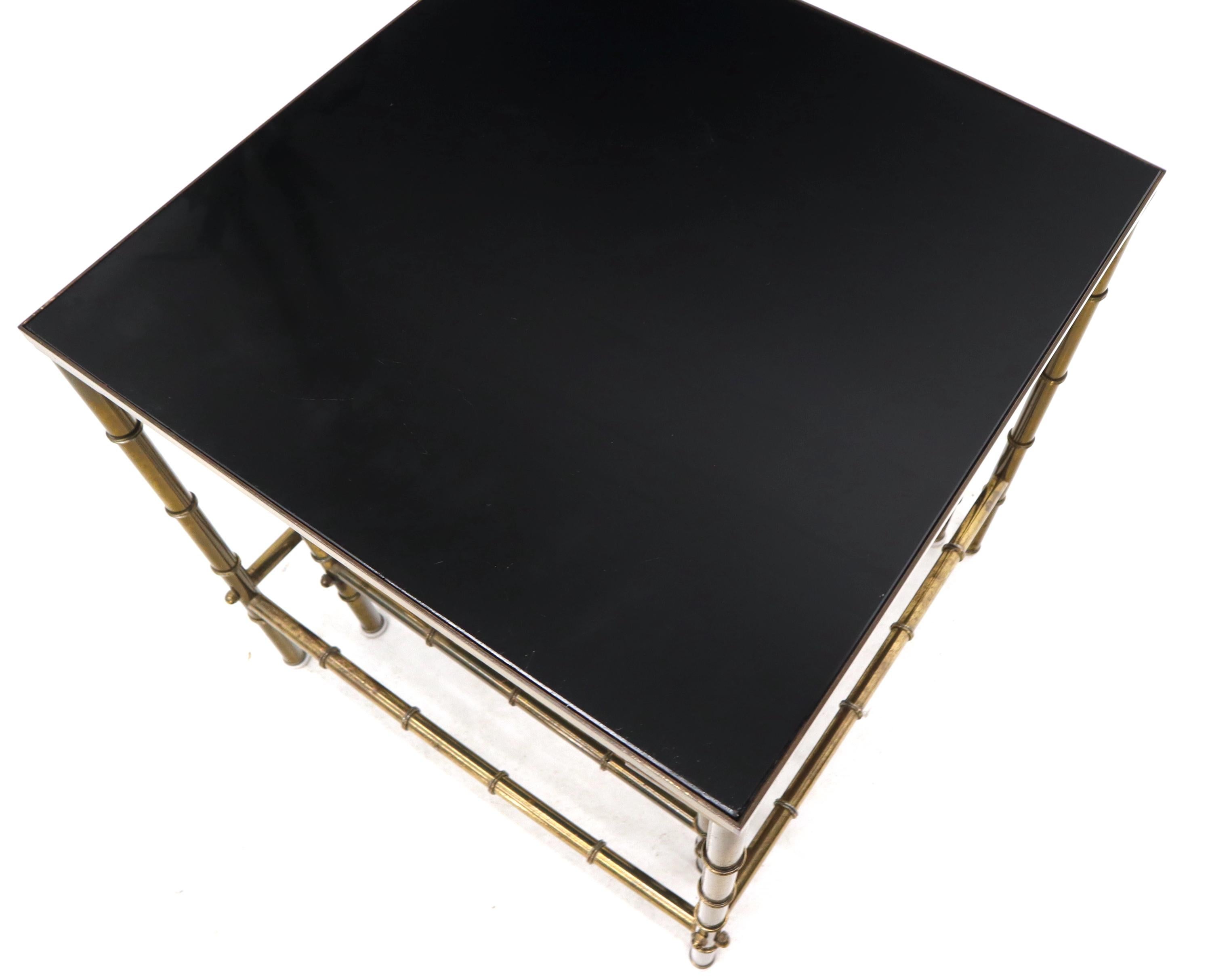 Solid Brass Faux Bamboo Set of 3 Nesting Tables with Black Vitrolite Glass 5