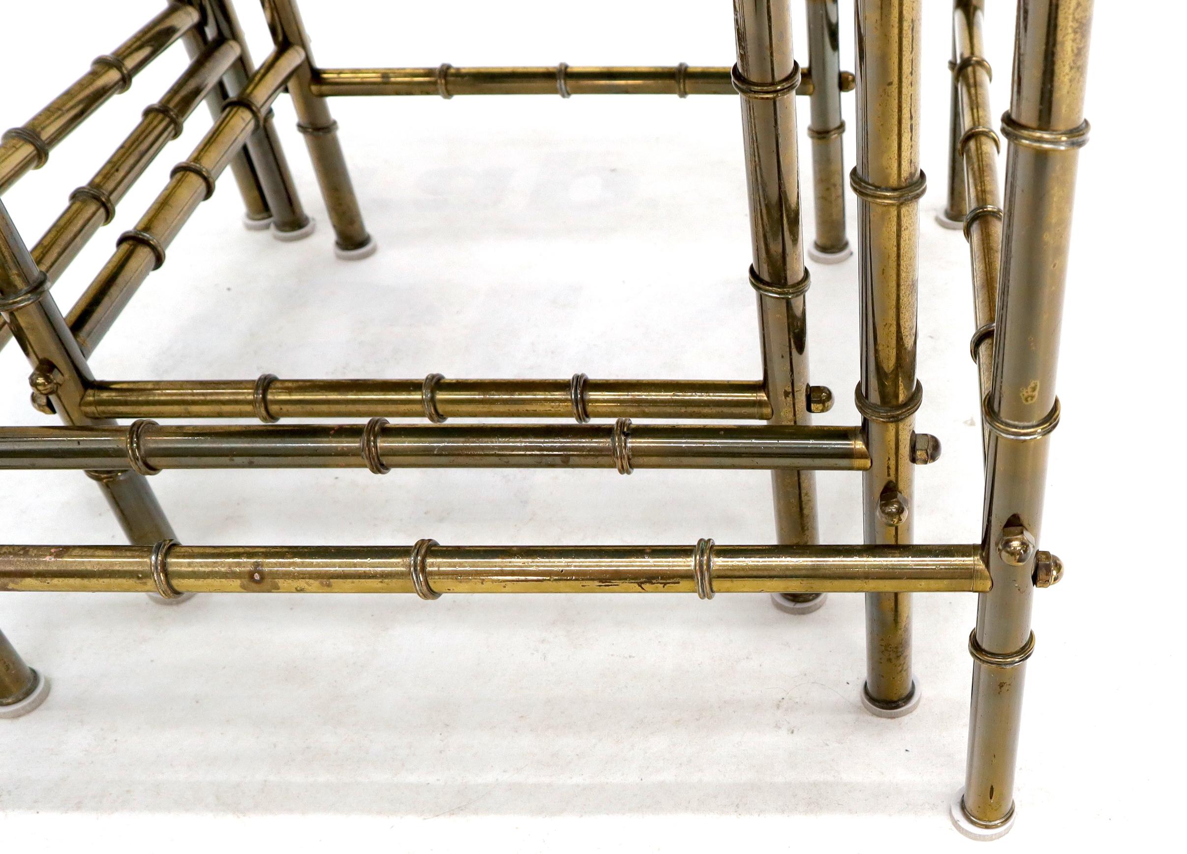 American Solid Brass Faux Bamboo Set of 3 Nesting Tables with Black Vitrolite Glass