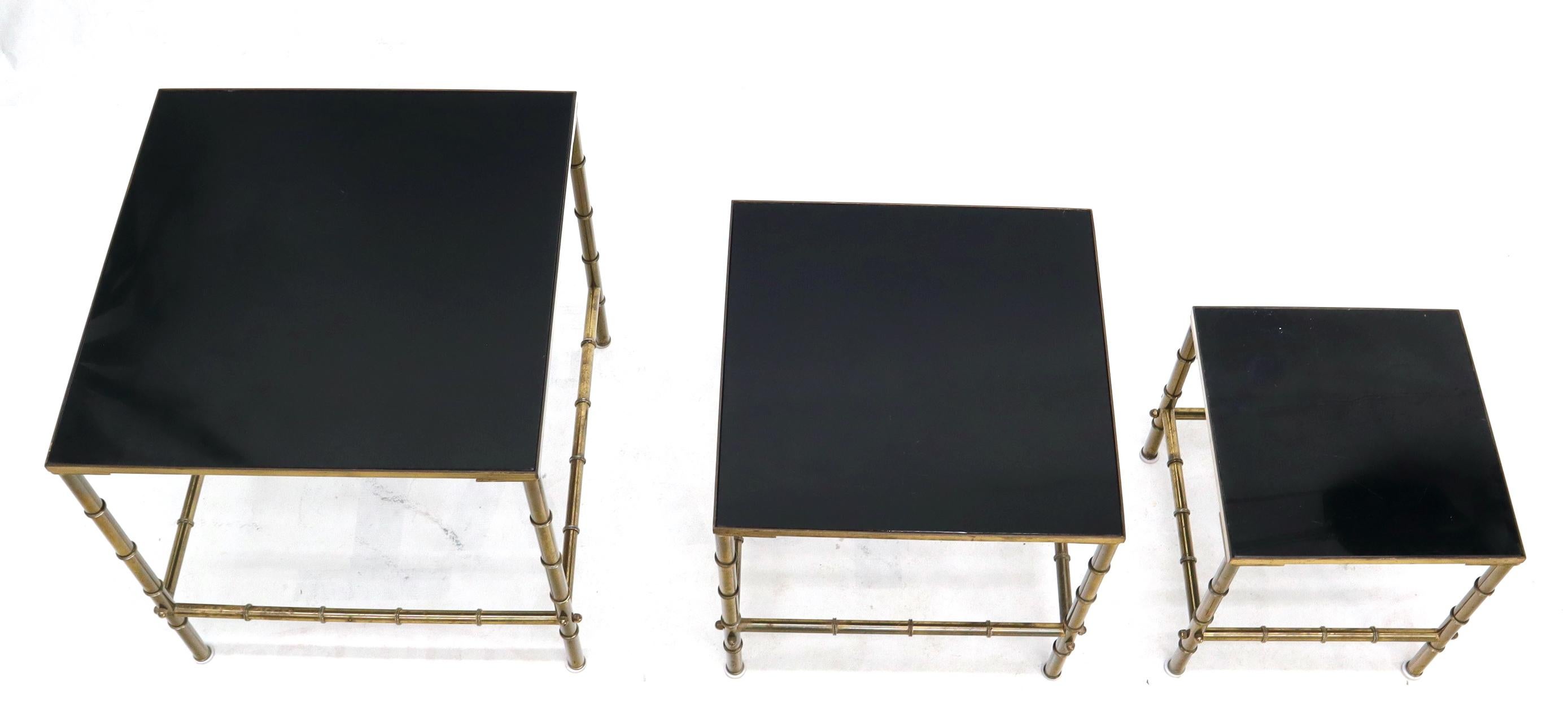 20th Century Solid Brass Faux Bamboo Set of 3 Nesting Tables with Black Vitrolite Glass For Sale