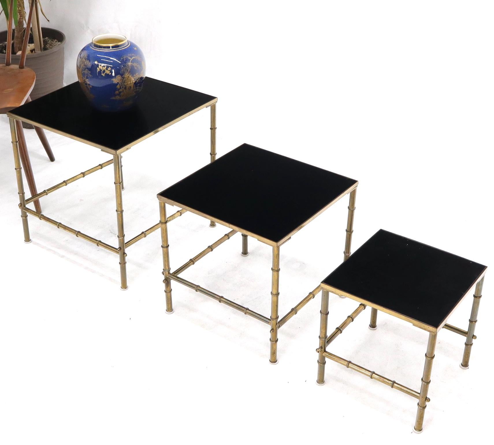 Solid Brass Faux Bamboo Set of 3 Nesting Tables with Black Vitrolite Glass For Sale 1