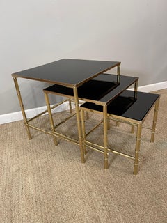 Brass Faux Bamboo Set of 3 Nesting Tables with Black Vitrolite Glass