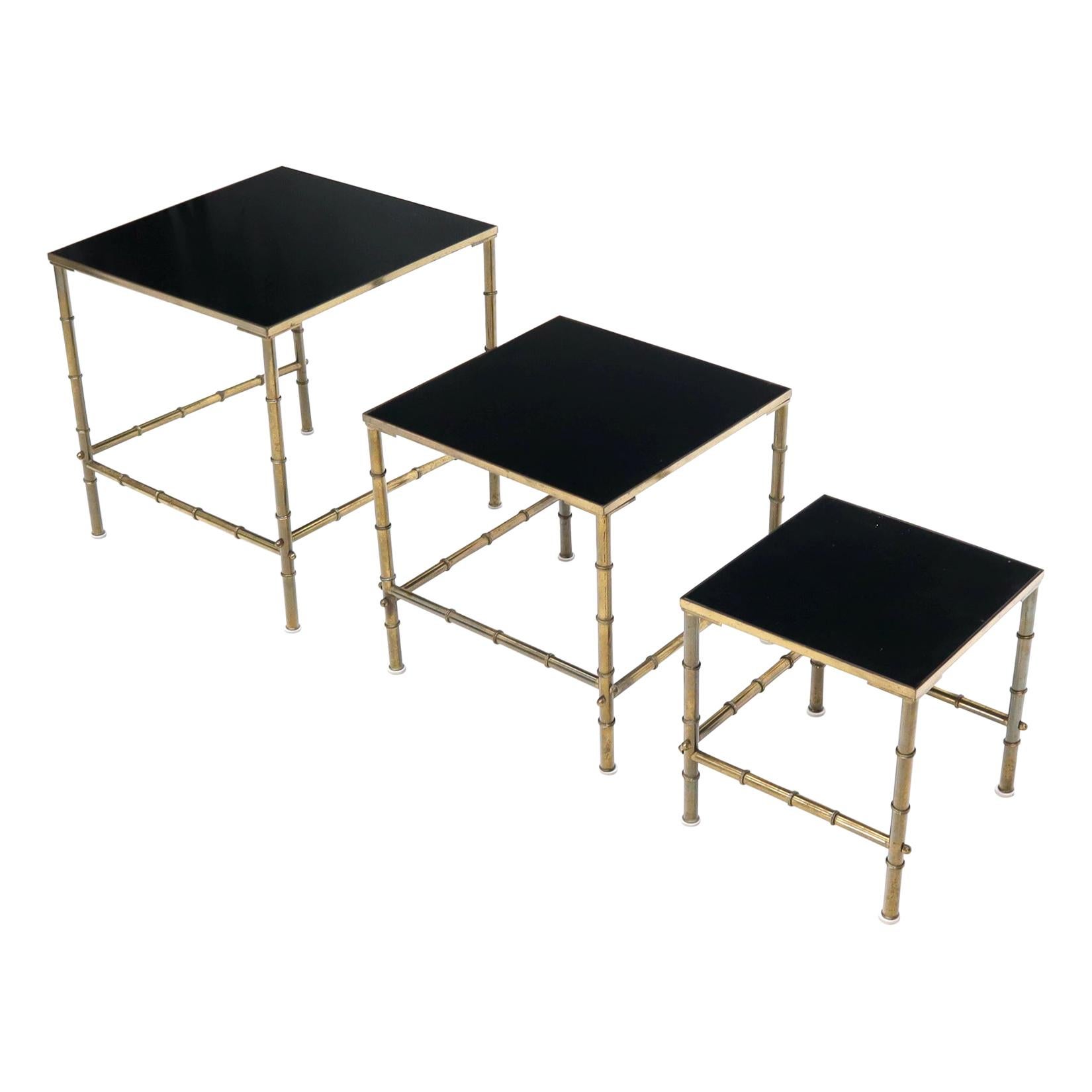 Solid Brass Faux Bamboo Set of 3 Nesting Tables with Black Vitrolite Glass For Sale