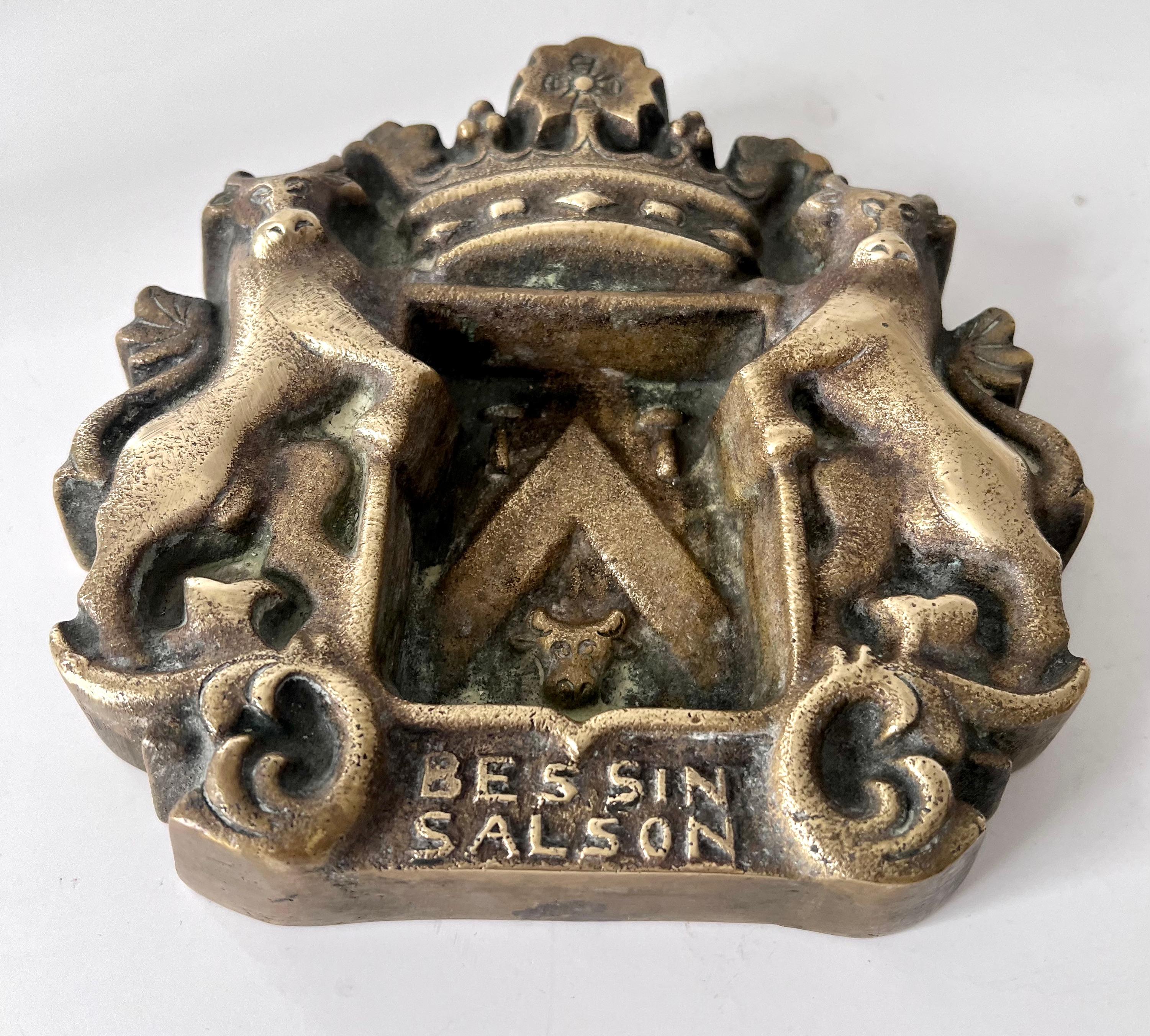 Patinated Solid Brass French Ash Tray with Coat of Arms For Sale