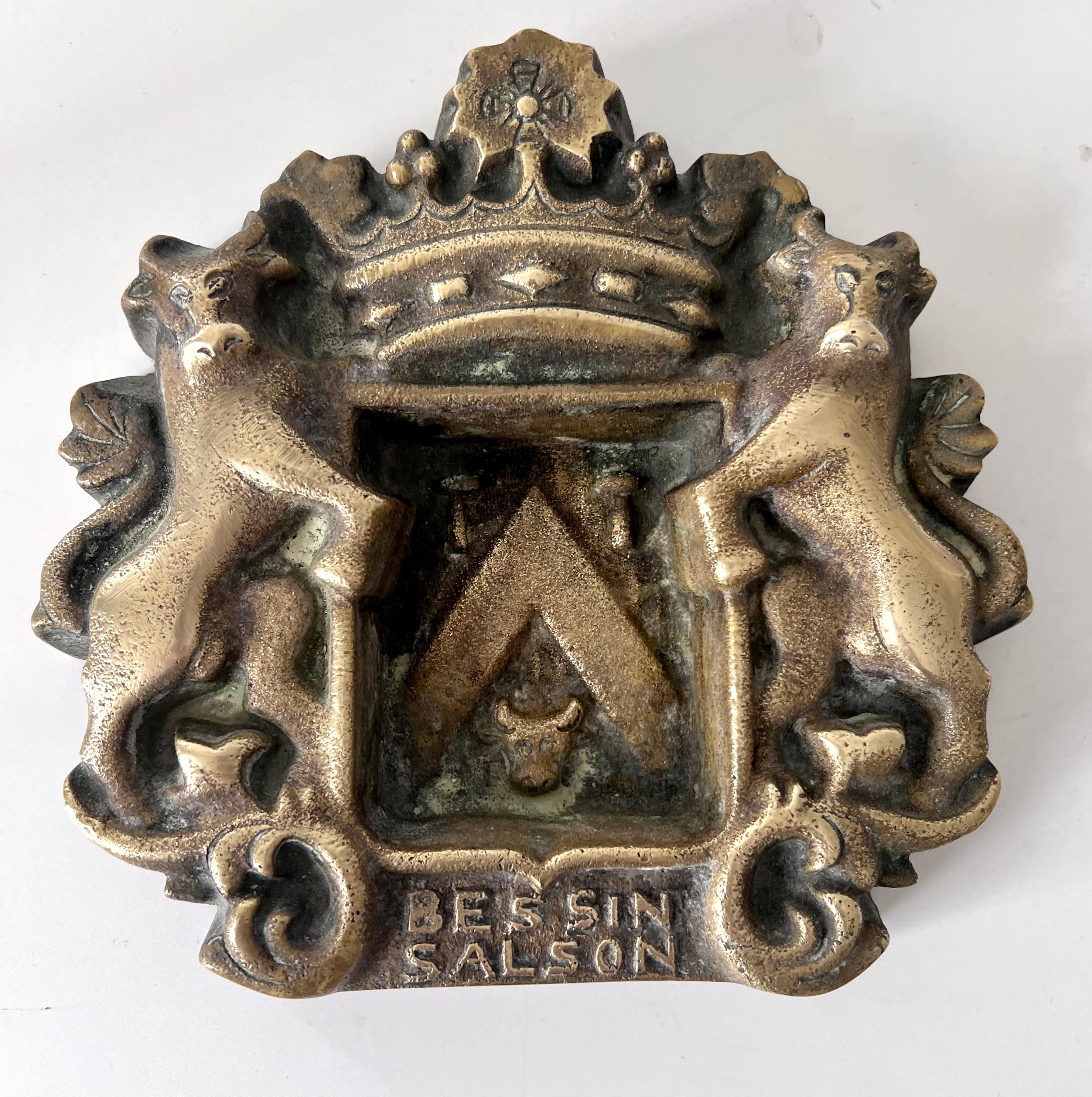 Solid Brass French Ash Tray with Coat of Arms For Sale 3